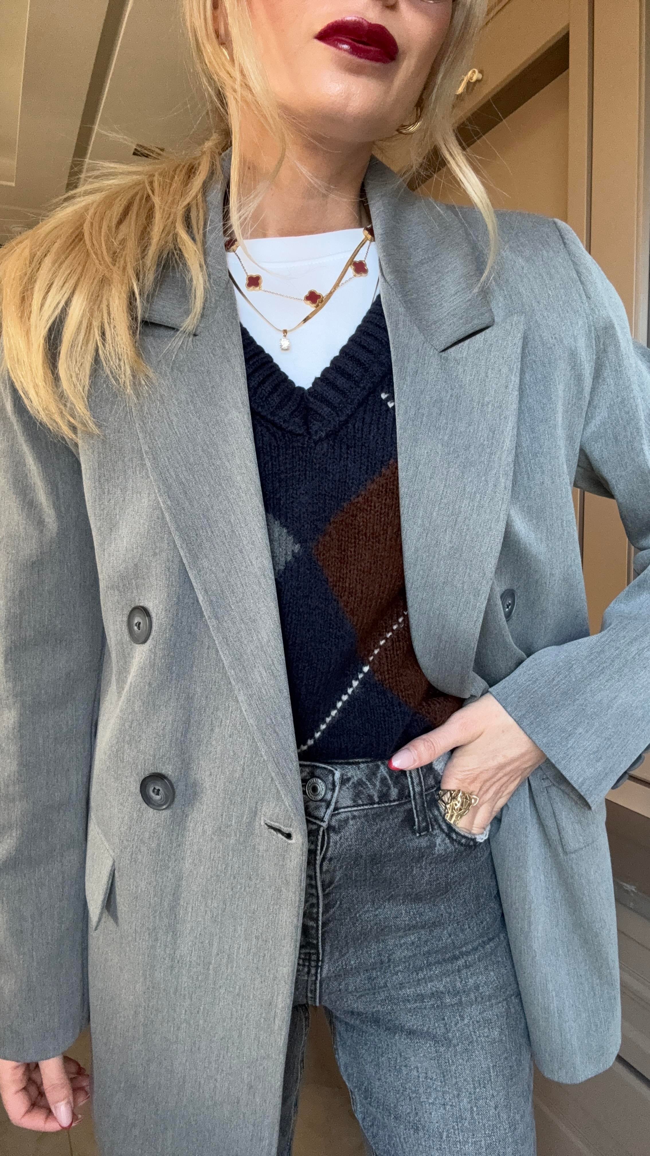 Gri Kapak Cepli Kruvaze Blazer Ceket CEKET