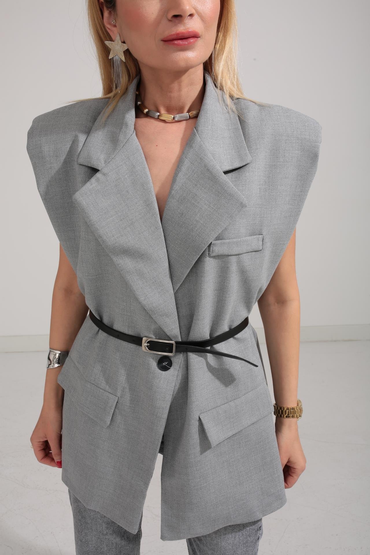 Gri Kemerli Oversize Kumaş Yelek YELEK | NO33