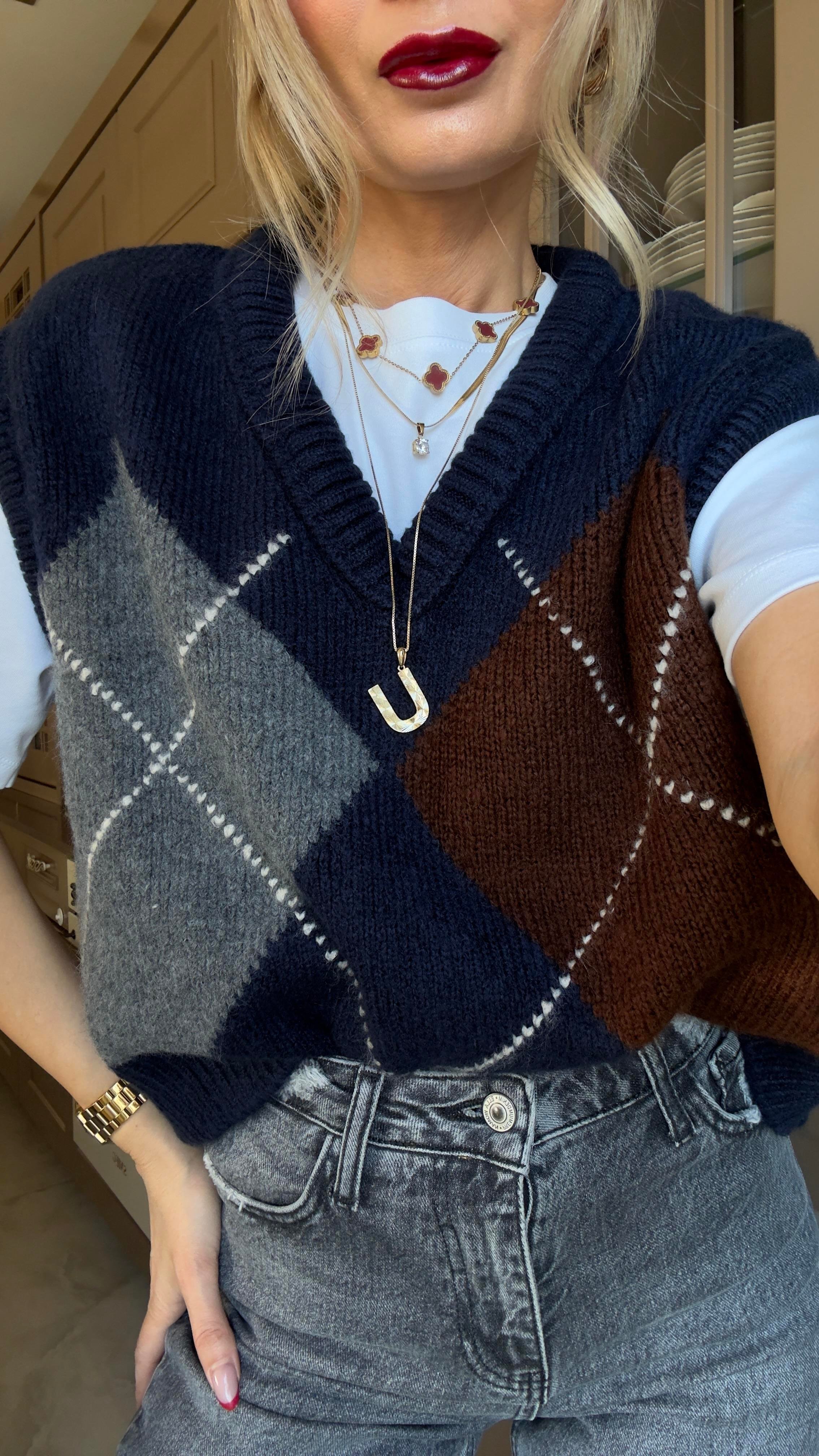 Gri Lacivert Baklava Desen Süveter TRİKO VE KAZAK