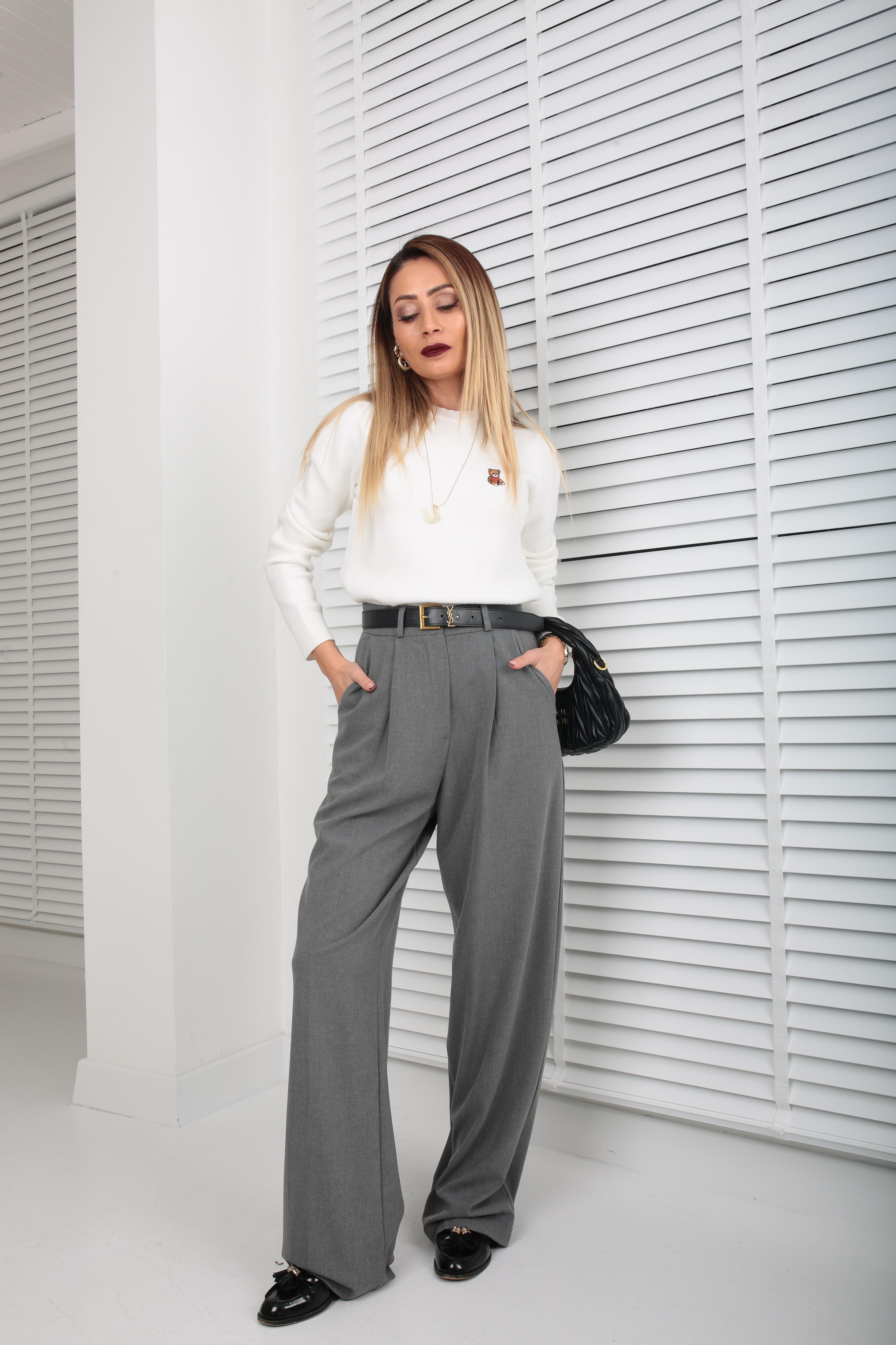 Gri Önü Pileli Palazzo Pantolon PANTOLON