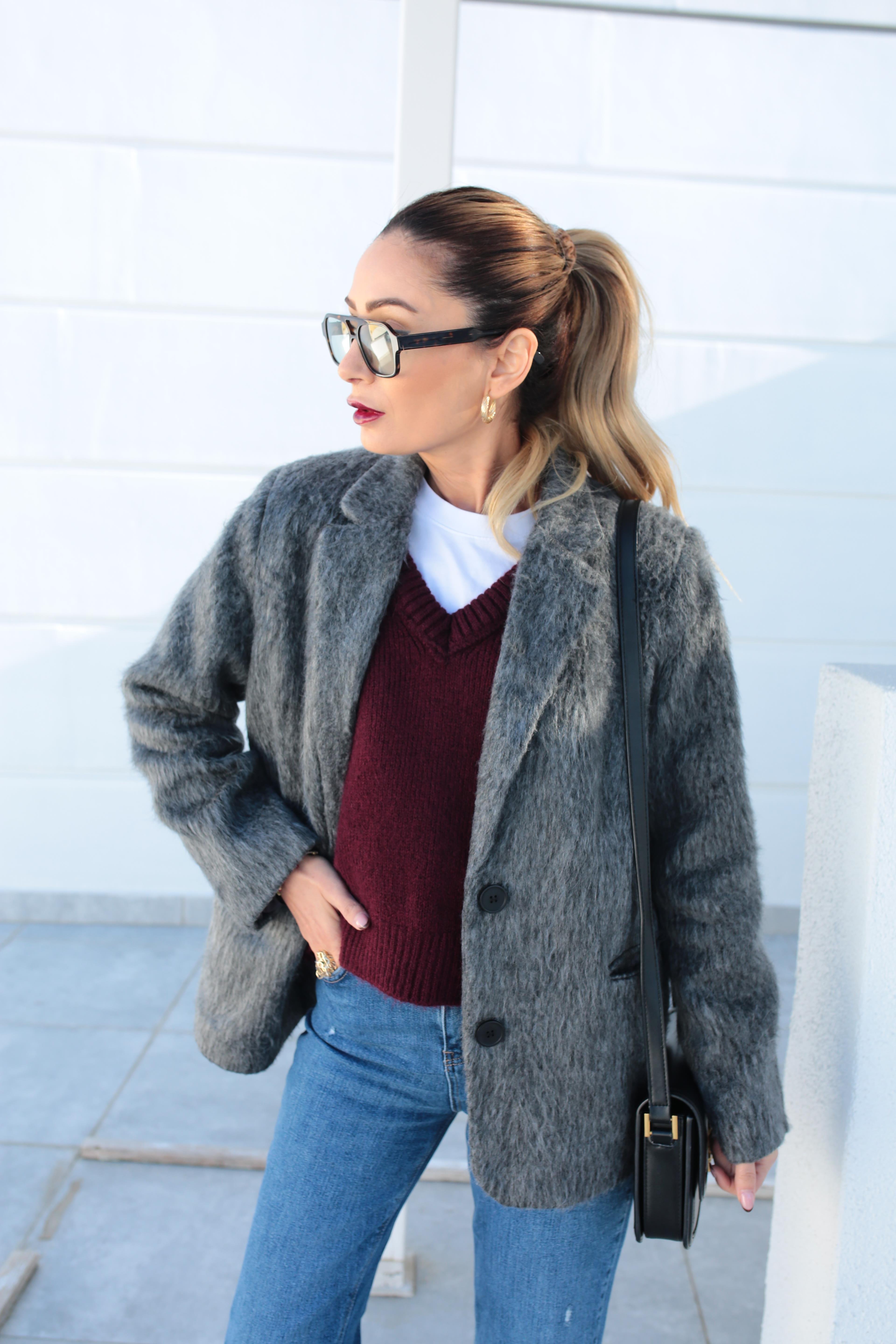 Gri Tüylü Çift Düğme Blazer Ceket CEKET