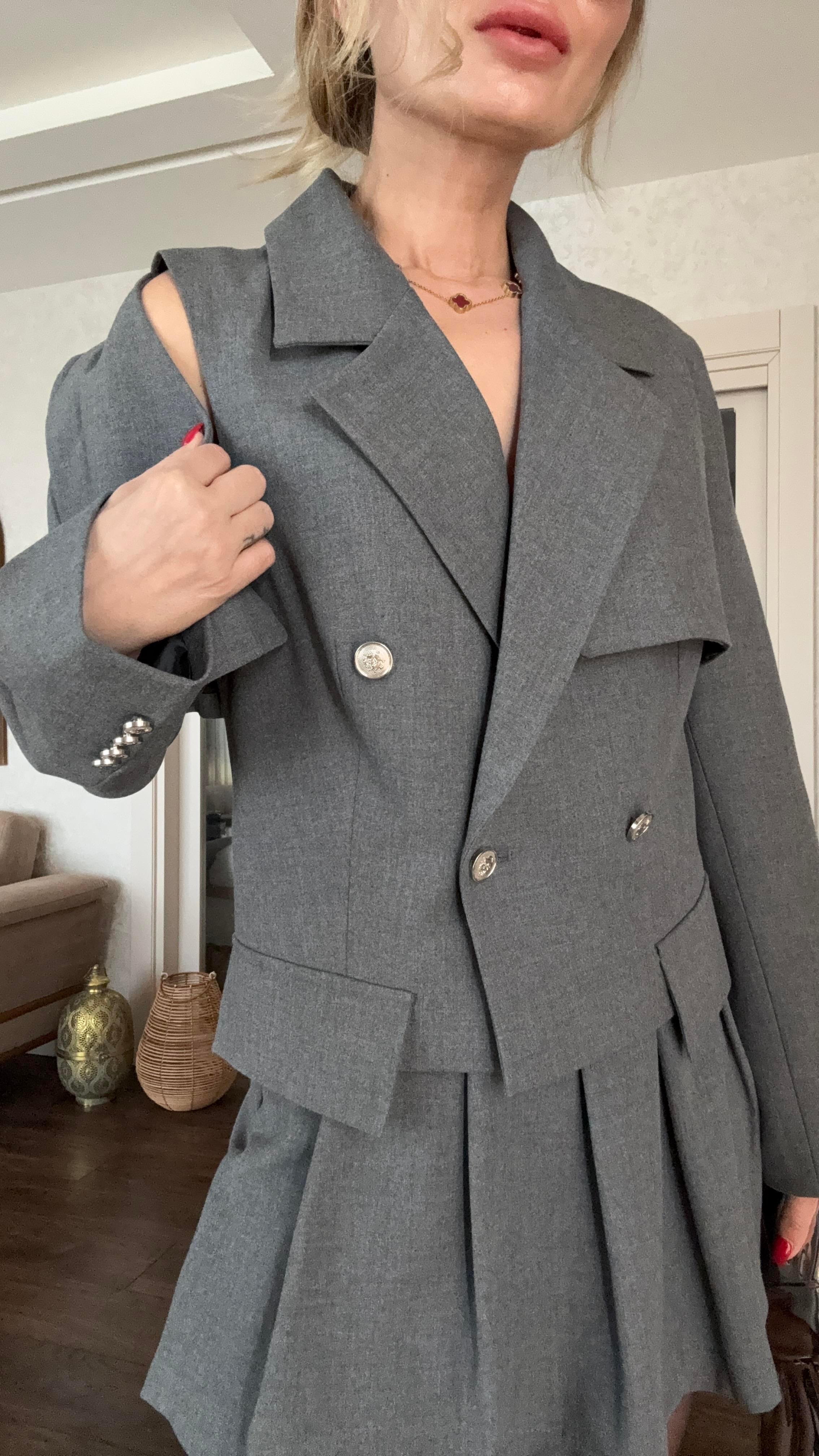 Gri Yelekli Crop Ceket Takım CEKET