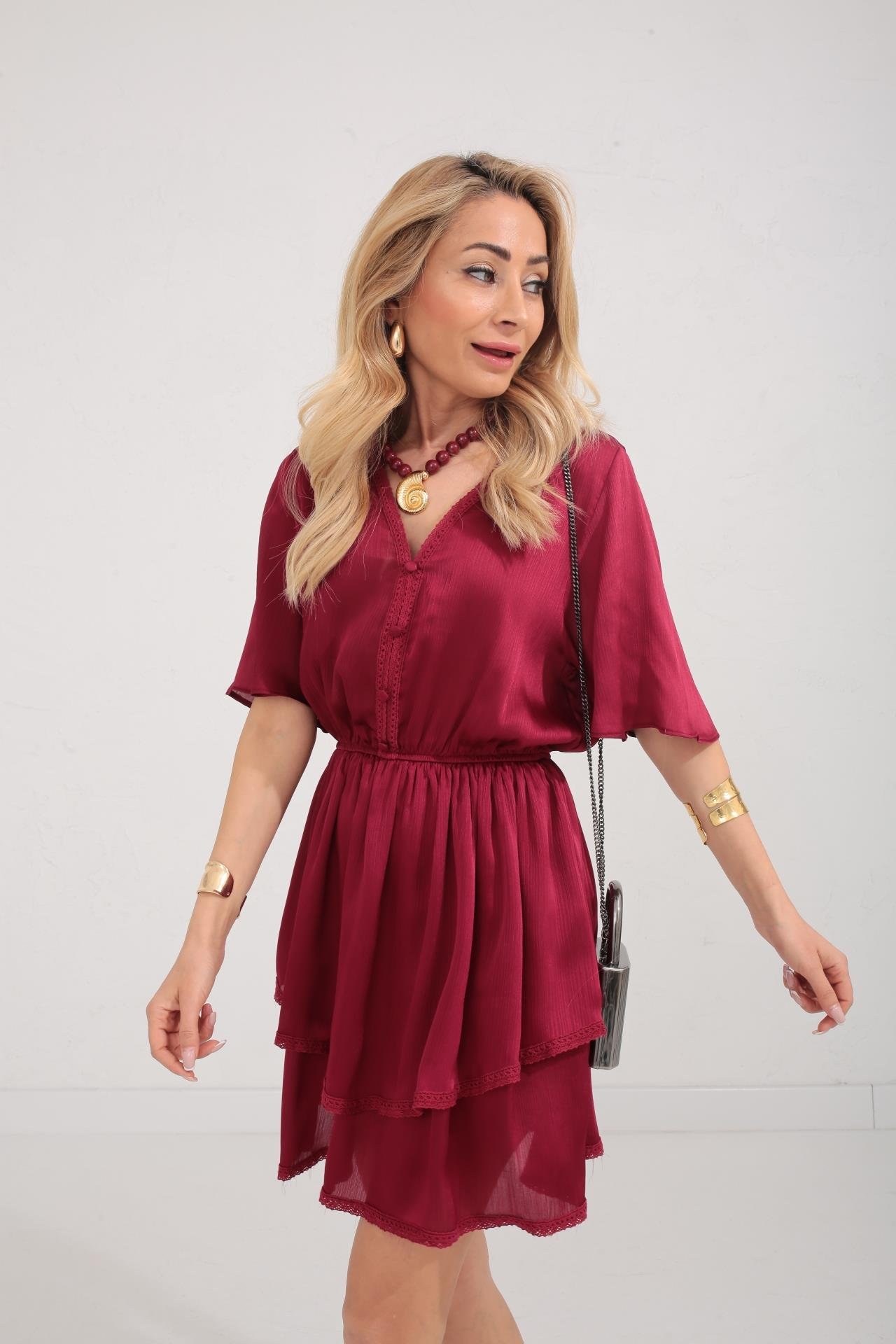 Güpür Detay Bordo Şifon Katlı Elbise ELBİSE