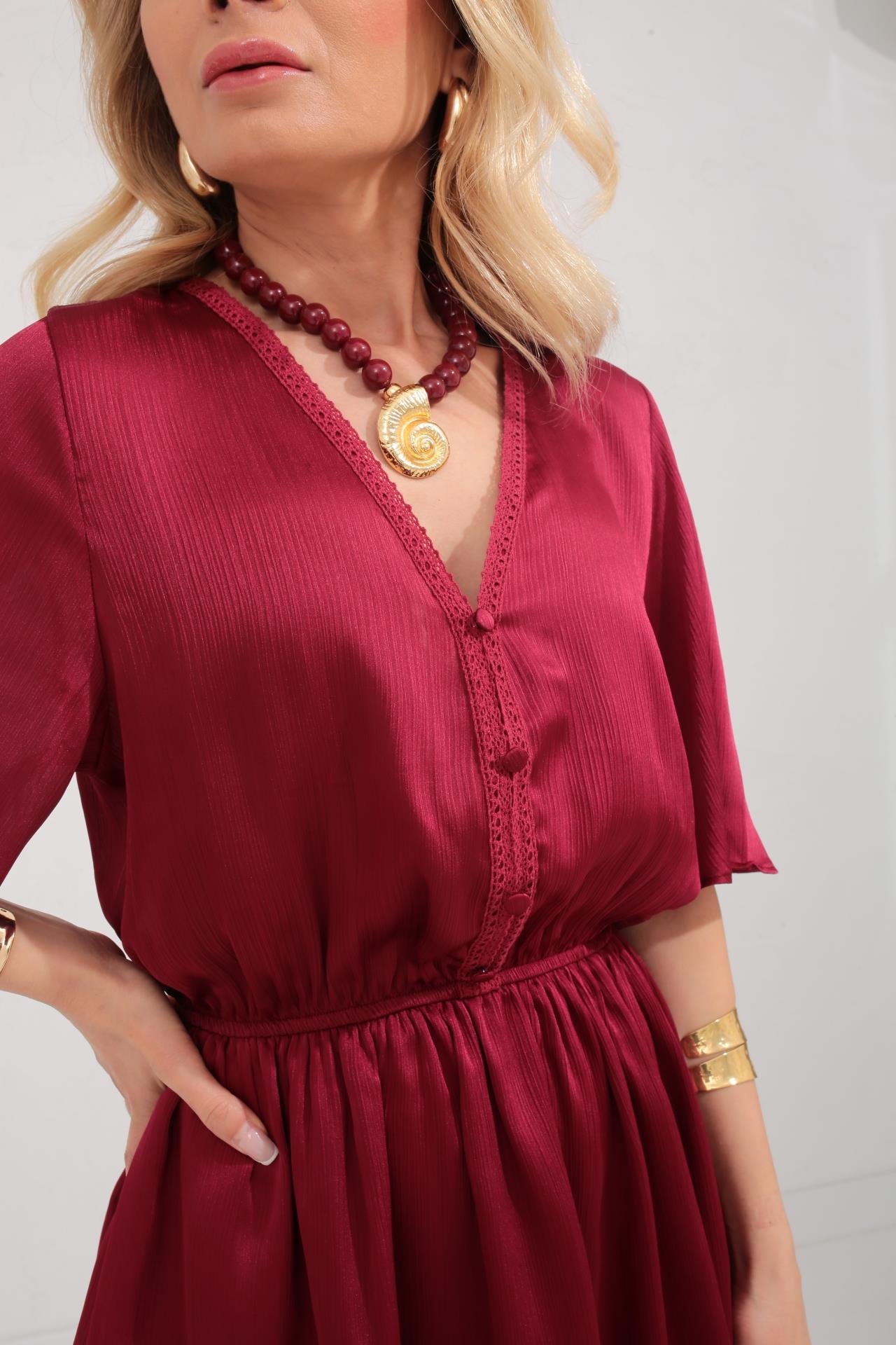 Güpür Detay Bordo Şifon Katlı Elbise ELBİSE