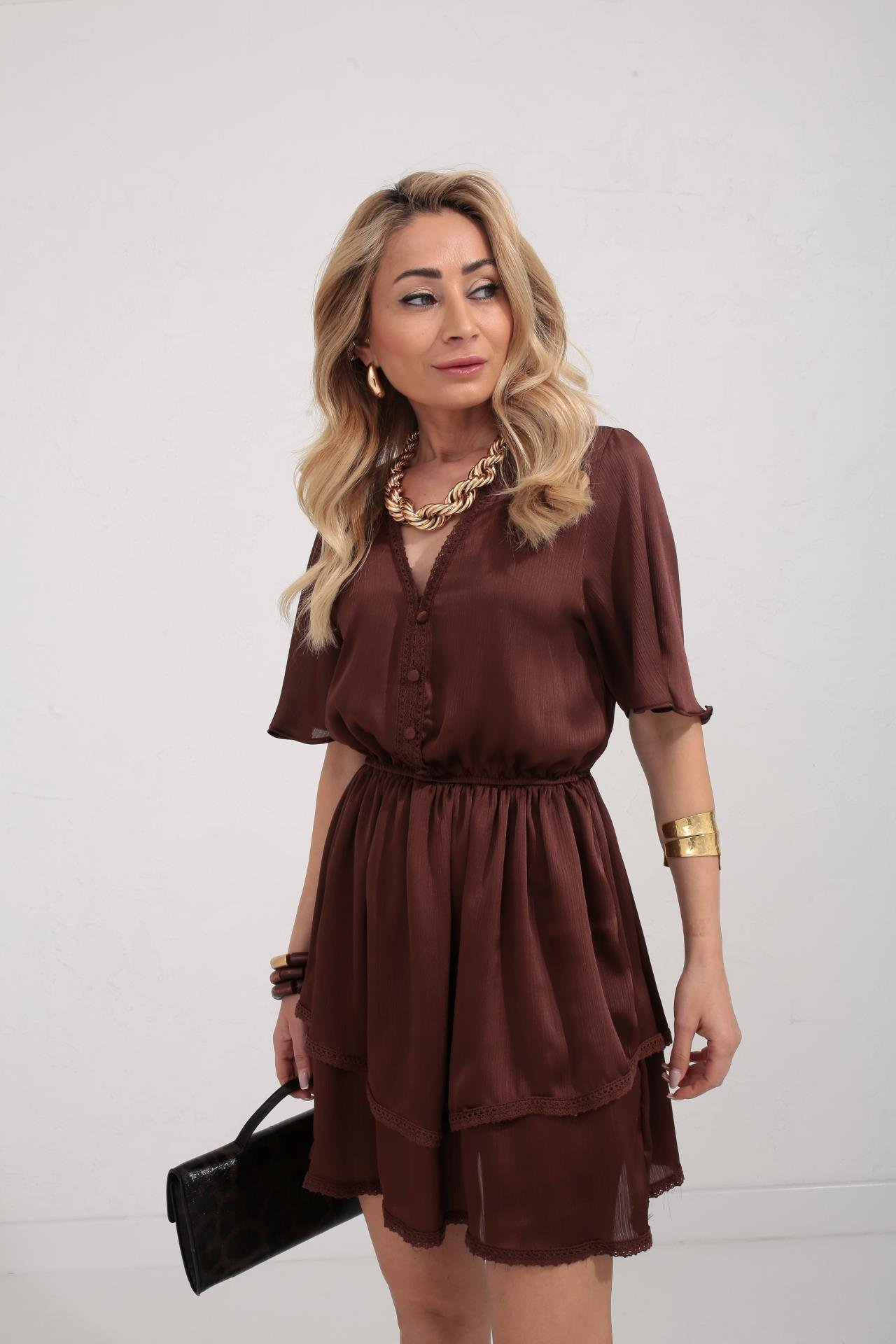 Güpür Detay Kahve Şifon Katlı Elbise ELBİSE