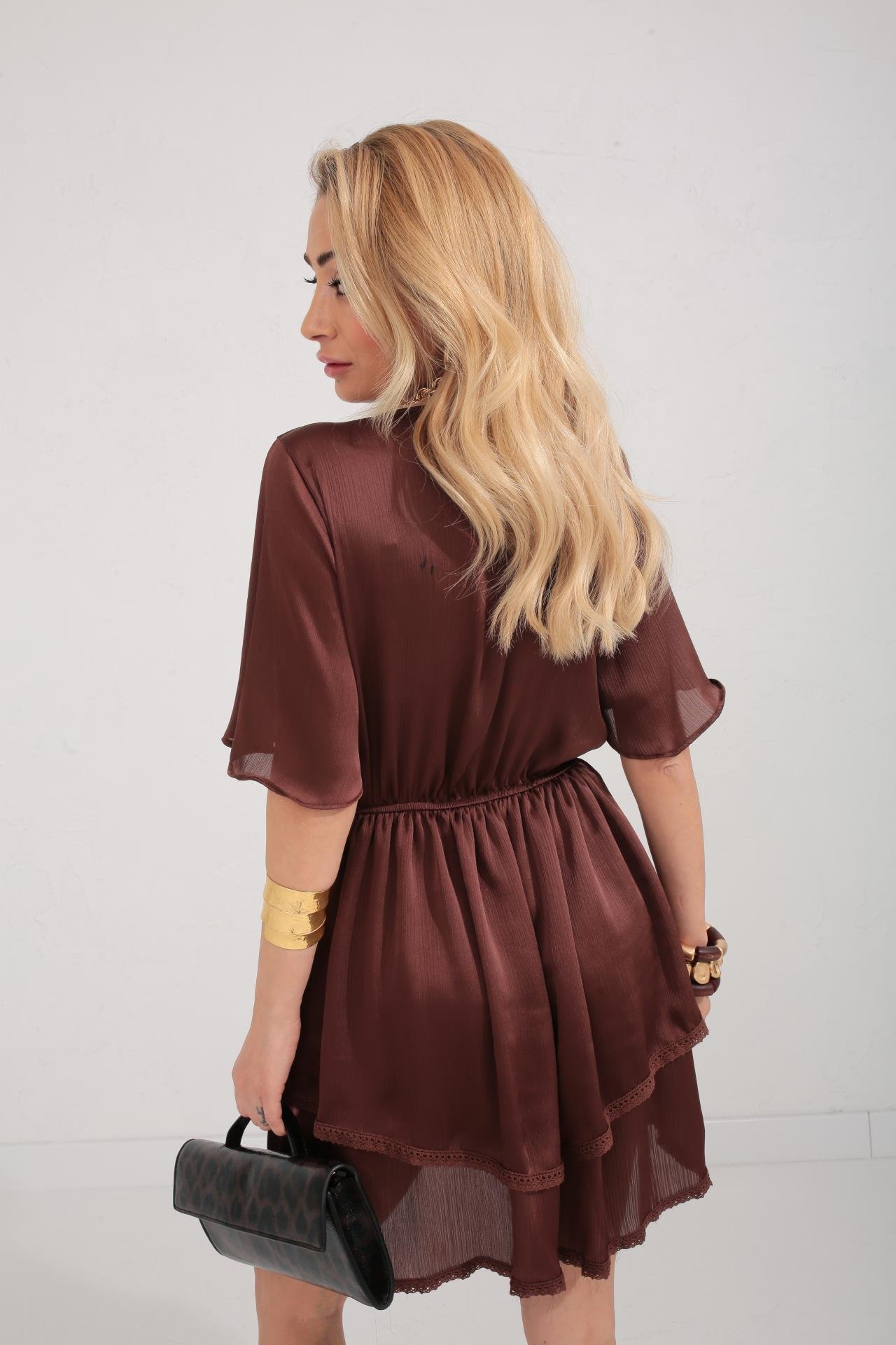 Güpür Detay Kahve Şifon Katlı Elbise ELBİSE