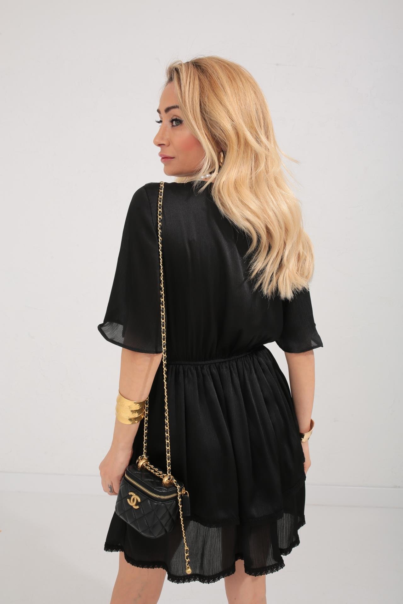 Güpür Detay Siyah Şifon Katlı Elbise ELBİSE