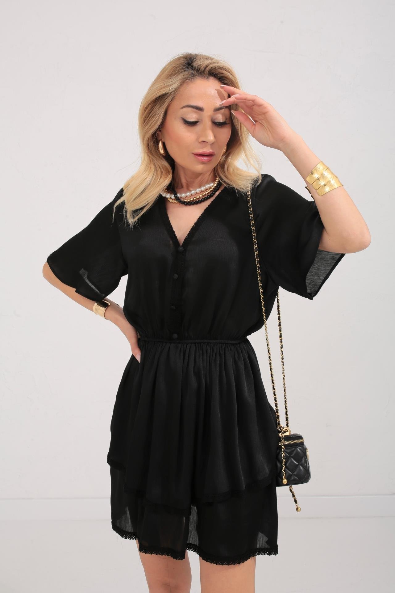 Güpür Detay Siyah Şifon Katlı Elbise ELBİSE