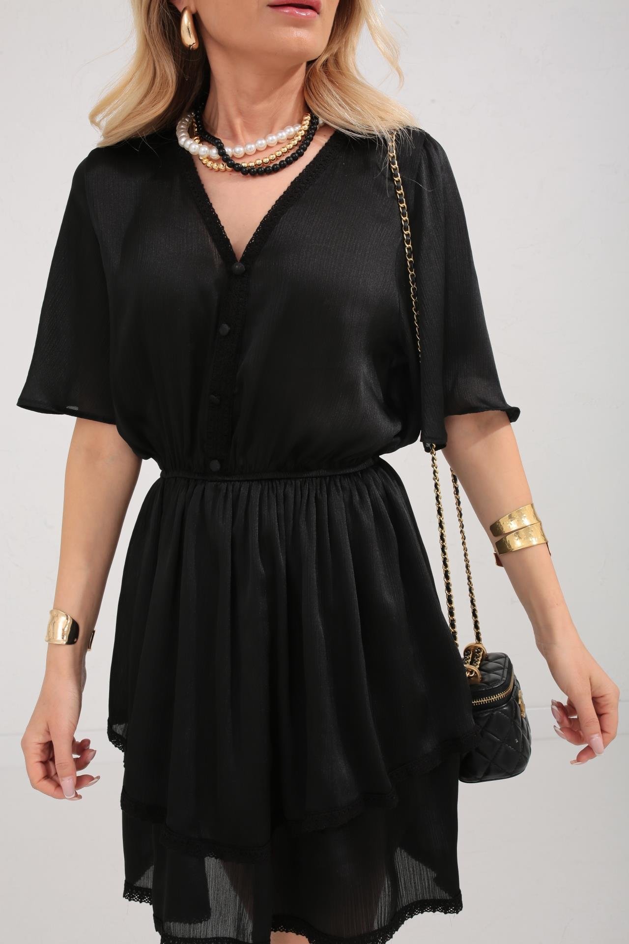 Güpür Detay Siyah Şifon Katlı Elbise ELBİSE