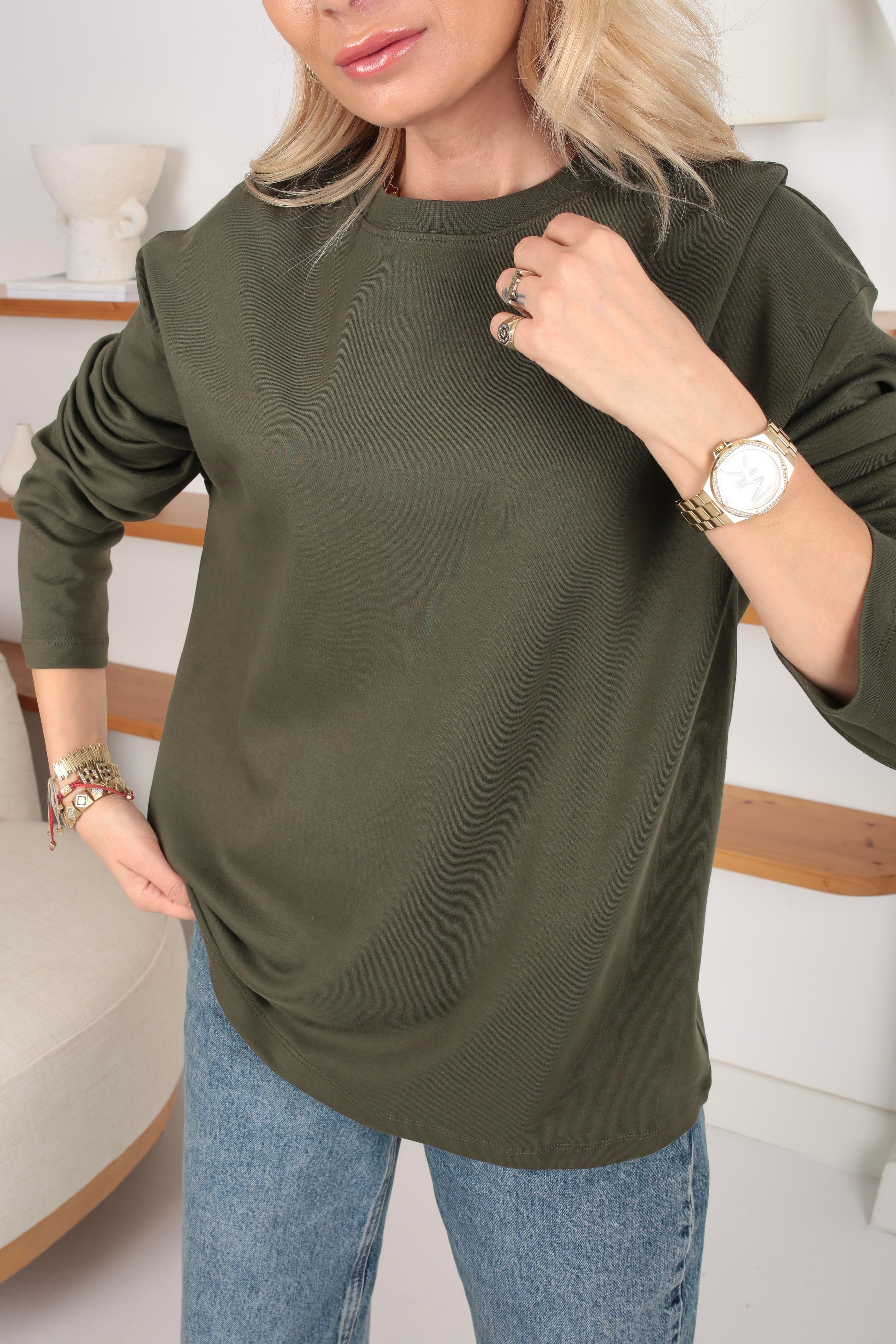 Haki Bisiklet Yaka Uzun Kol Basic SWEATSHİRT