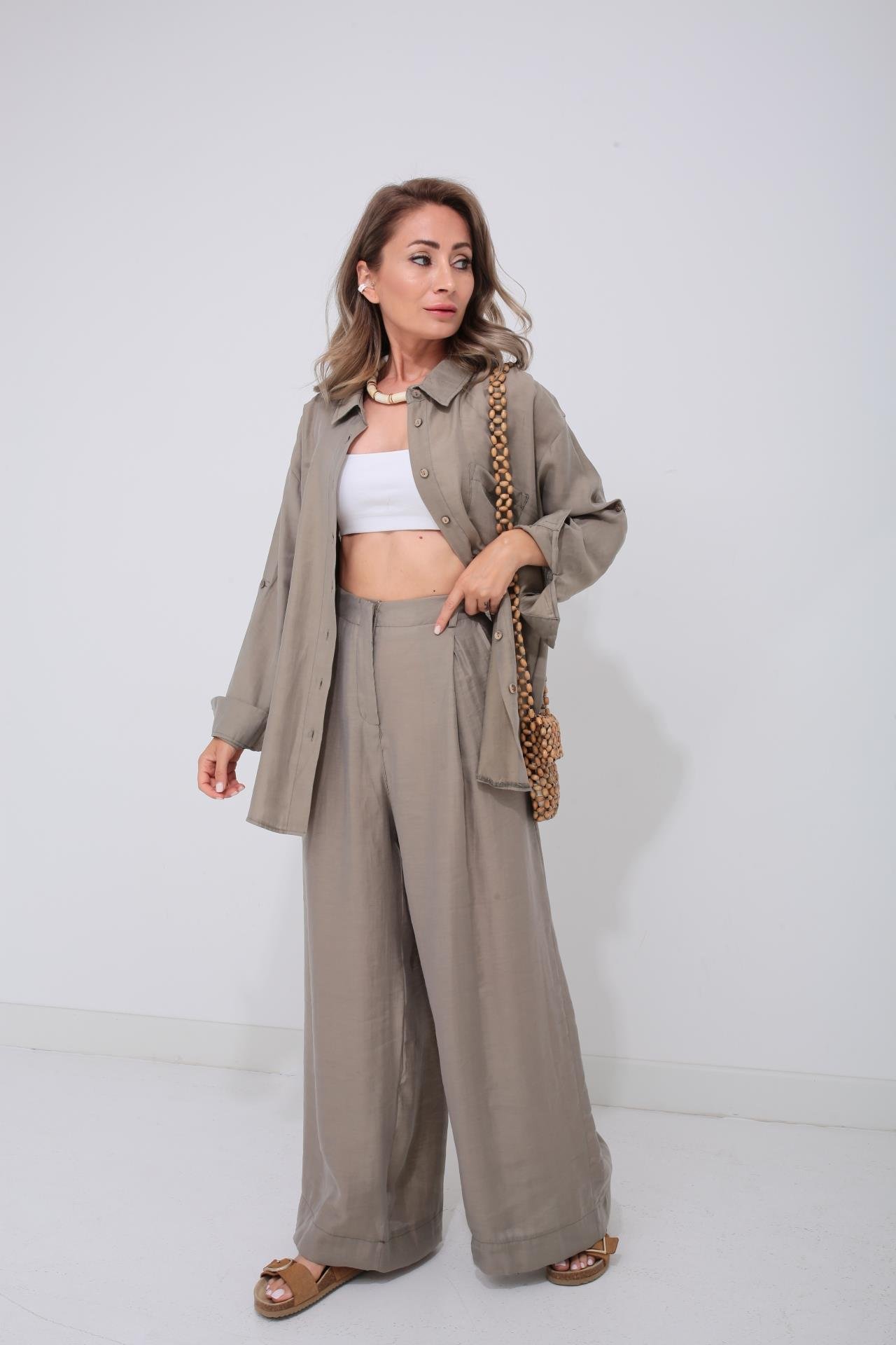 Haki Tek Cep Gömlekli Palazzo Takım TAKIM | NO33