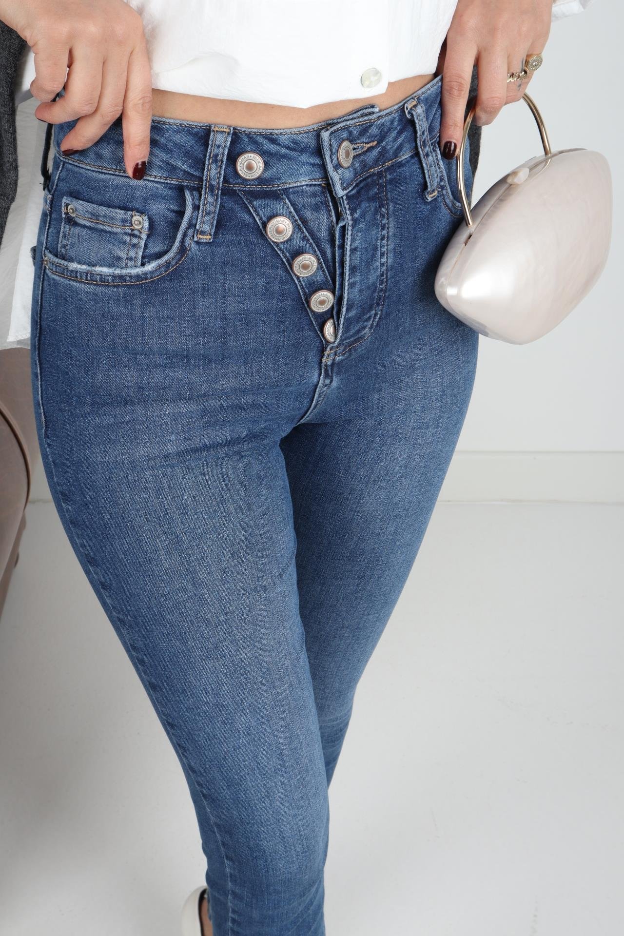 High Rise Mavi Düğme Detay Full Likralı Skiny Jean JEAN