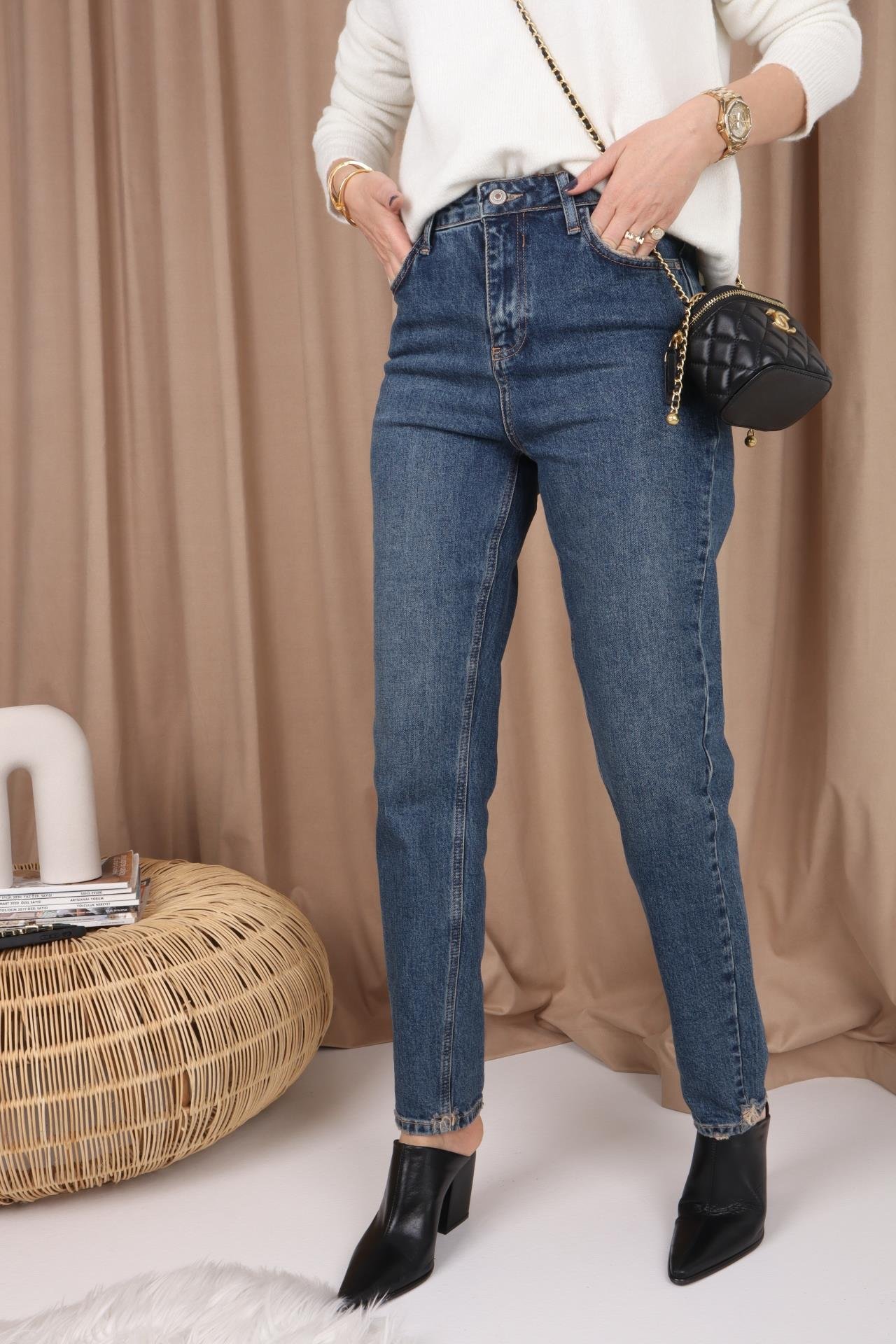 High Rise Paça Yırtık Likralı Mom Jean JEAN