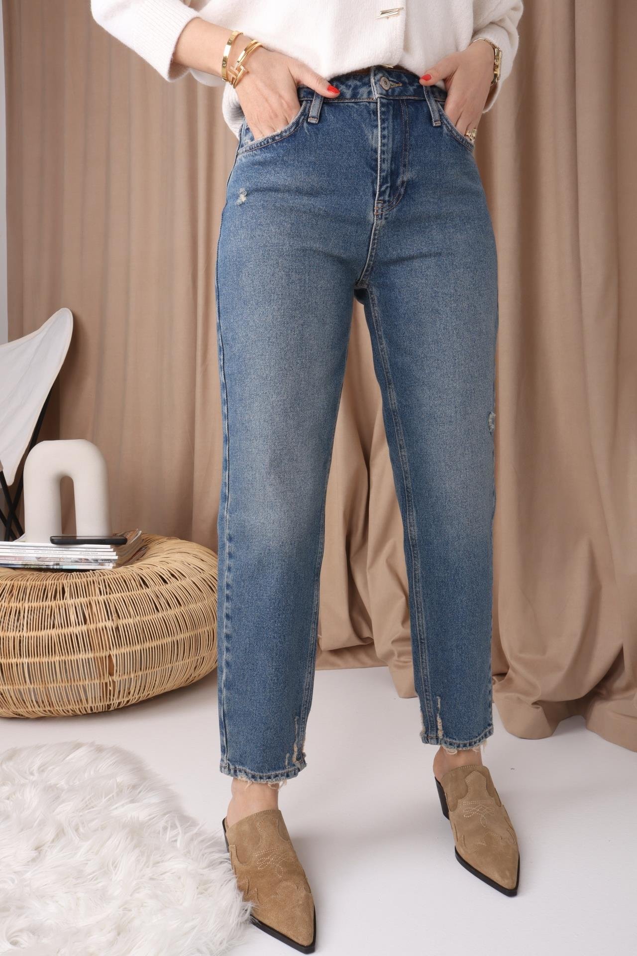 High Rise Yıkamalı Likrasız Mom Jean JEAN