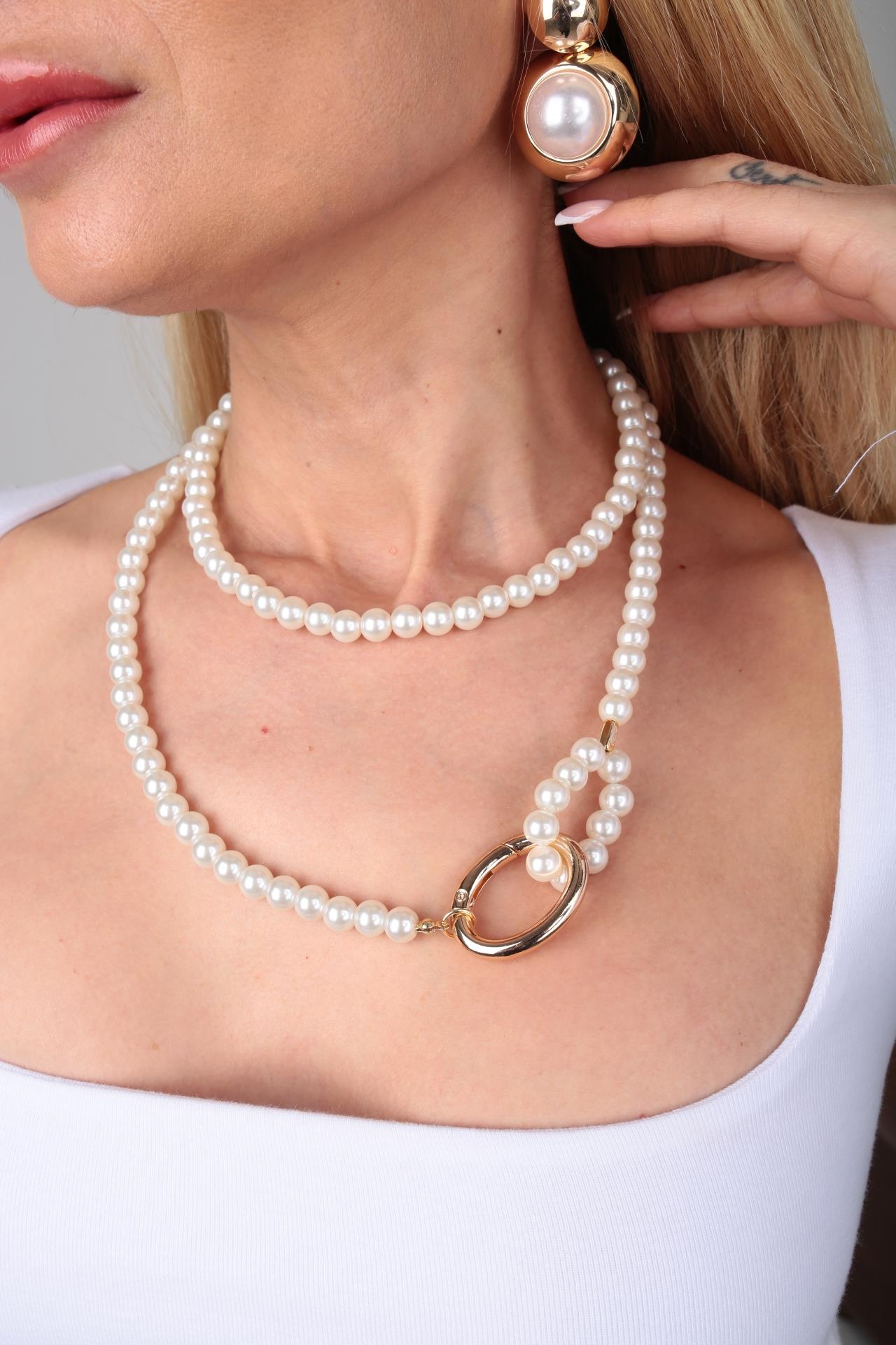 İncili Çift Sıra Gold Detay Kolye KOLYE