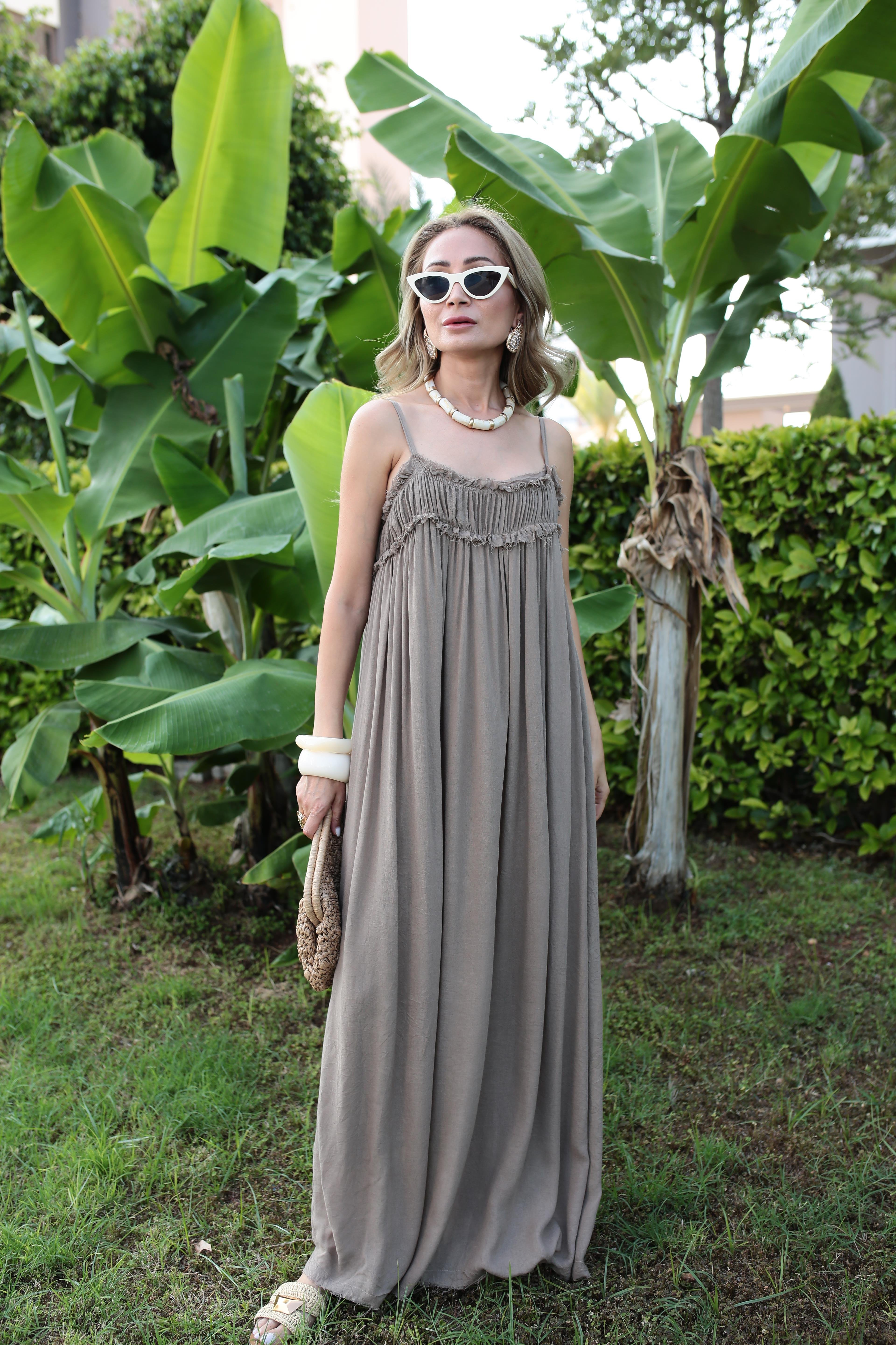 İp Askılı Astarlı Vizon Kraşlı Keten Elbise ELBİSE | NO33