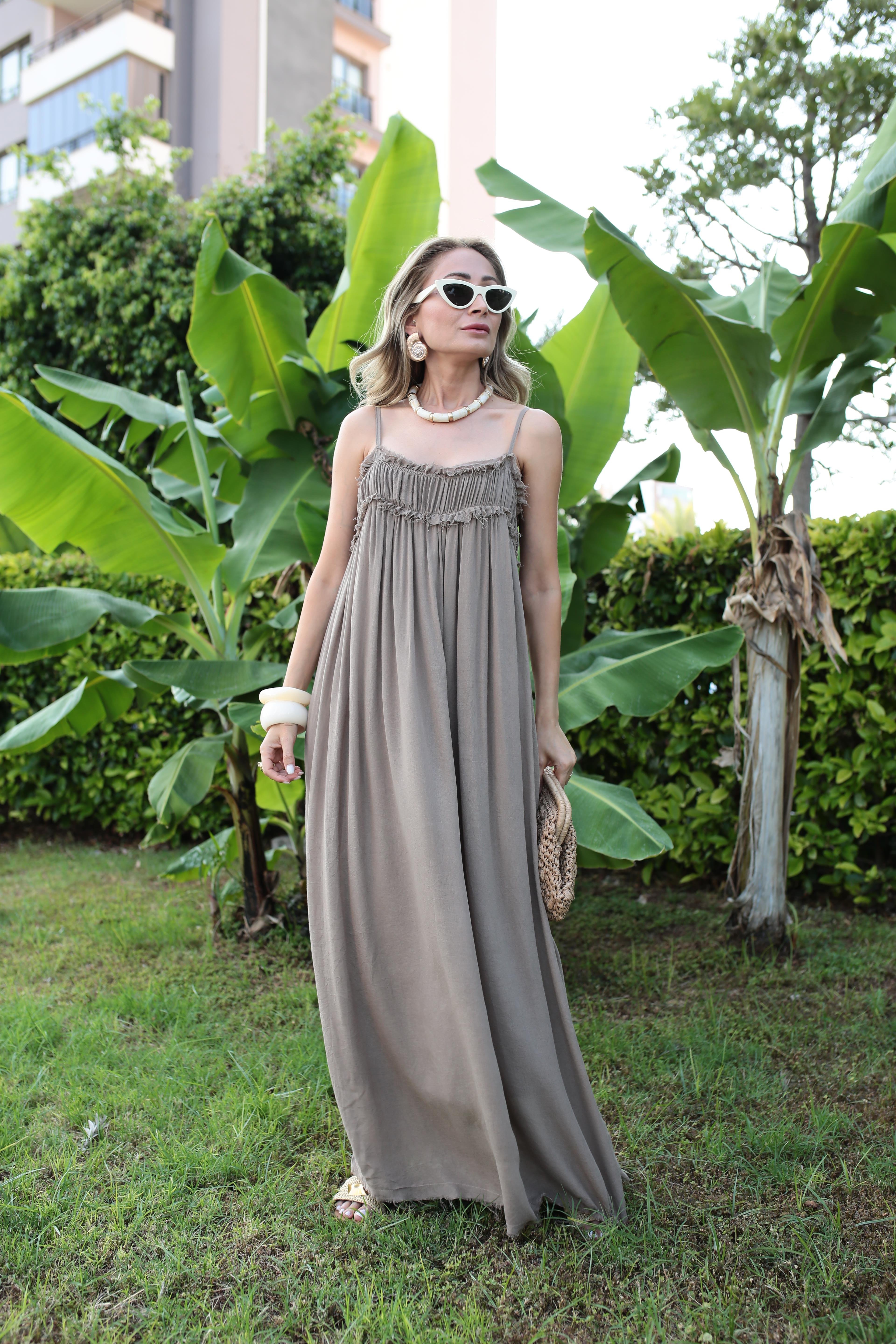 İp Askılı Astarlı Vizon Kraşlı Keten Elbise ELBİSE | NO33