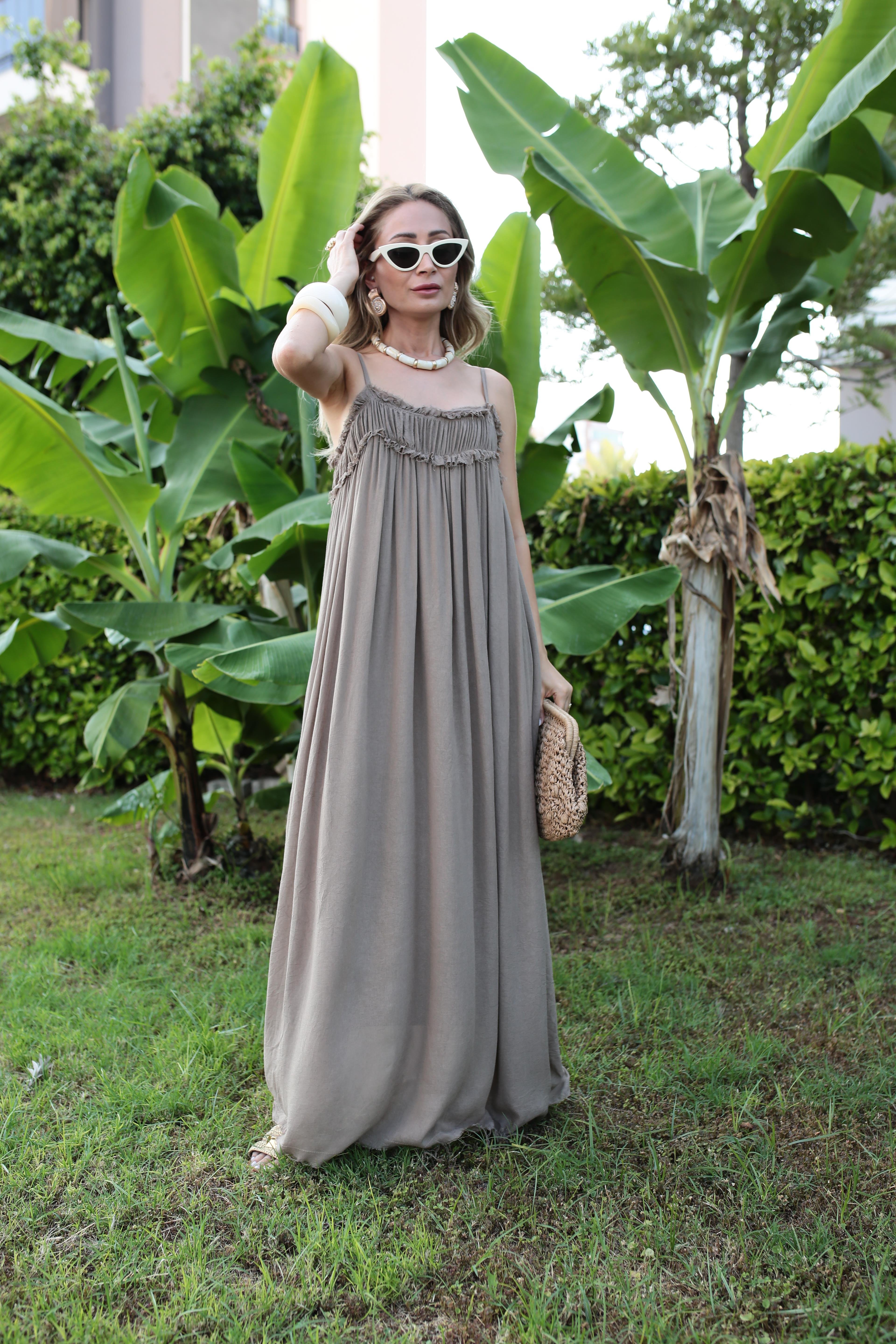 İp Askılı Astarlı Vizon Kraşlı Keten Elbise ELBİSE | NO33