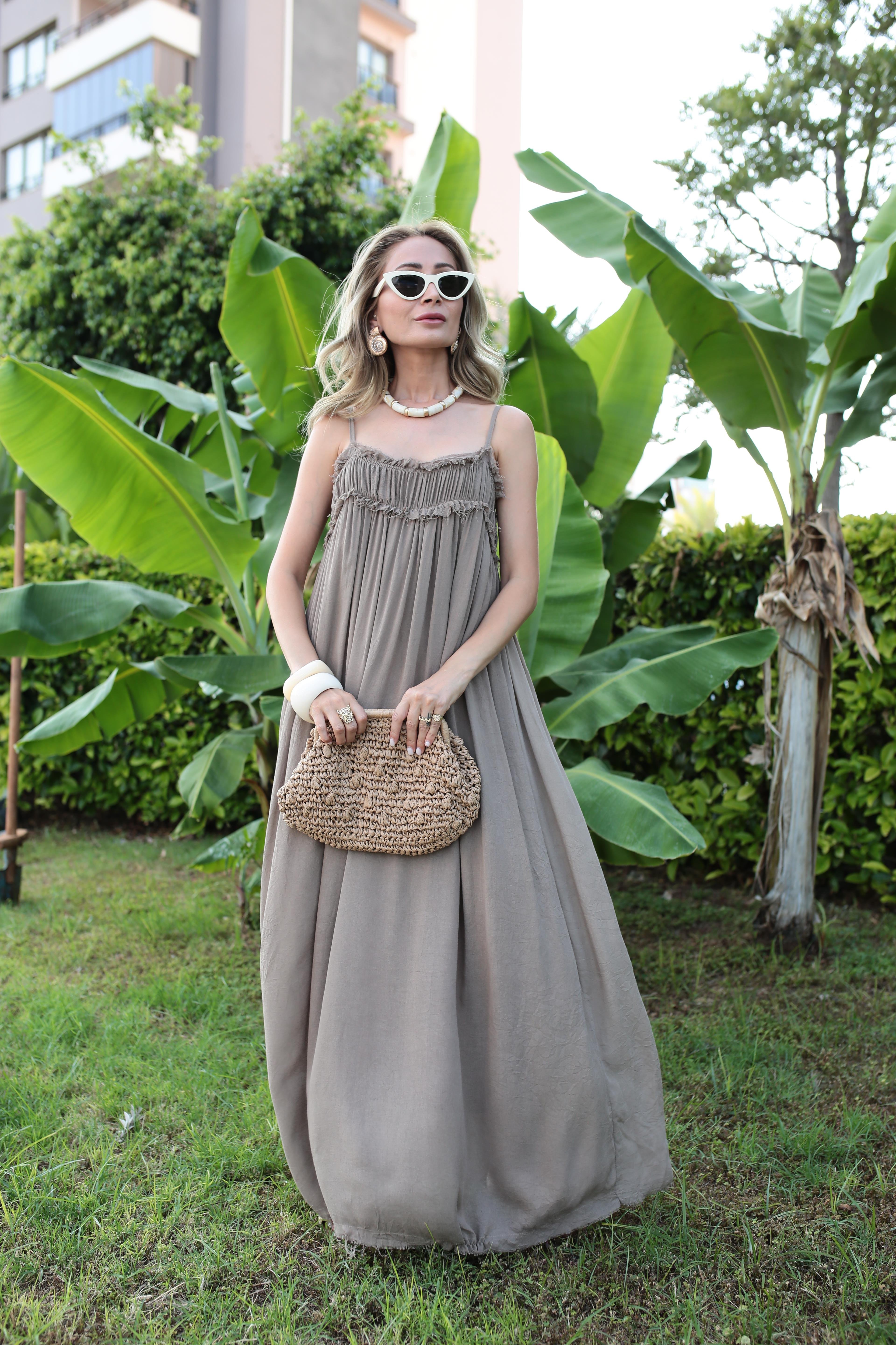 İp Askılı Astarlı Vizon Kraşlı Keten Elbise ELBİSE | NO33