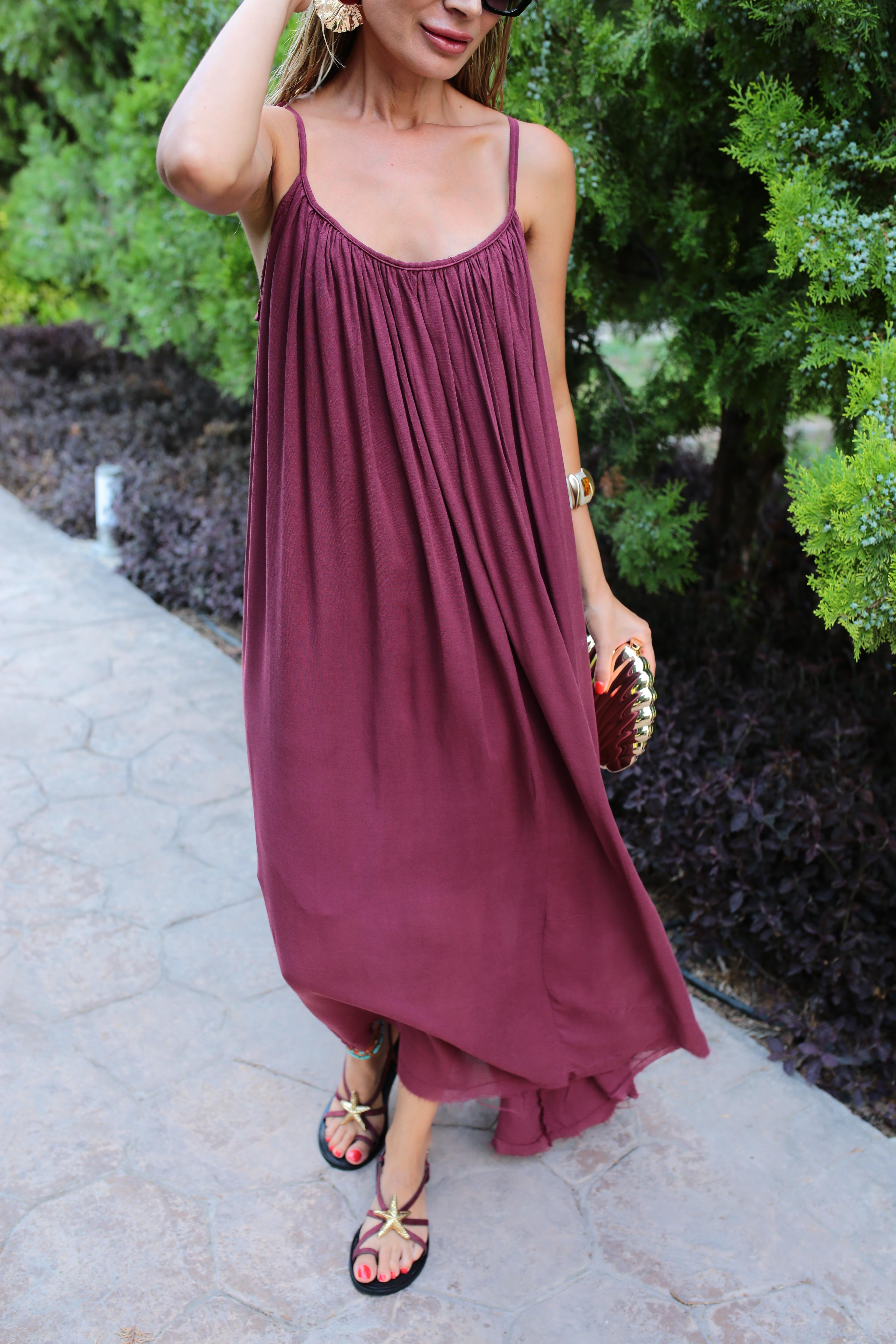 İp Askılı Bordo Keten Uzun Elbise ELBİSE | NO33