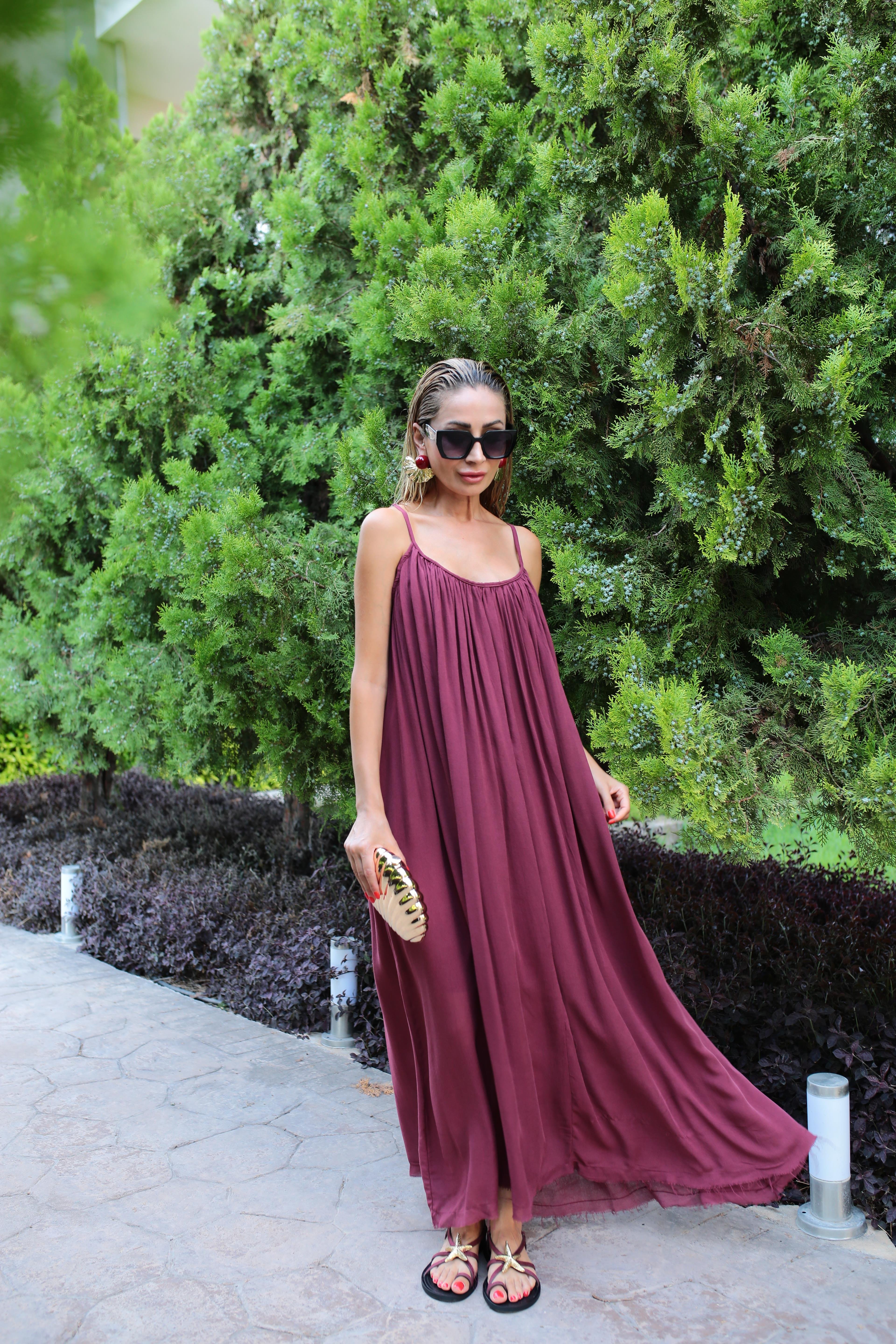 İp Askılı Bordo Keten Uzun Elbise ELBİSE | NO33