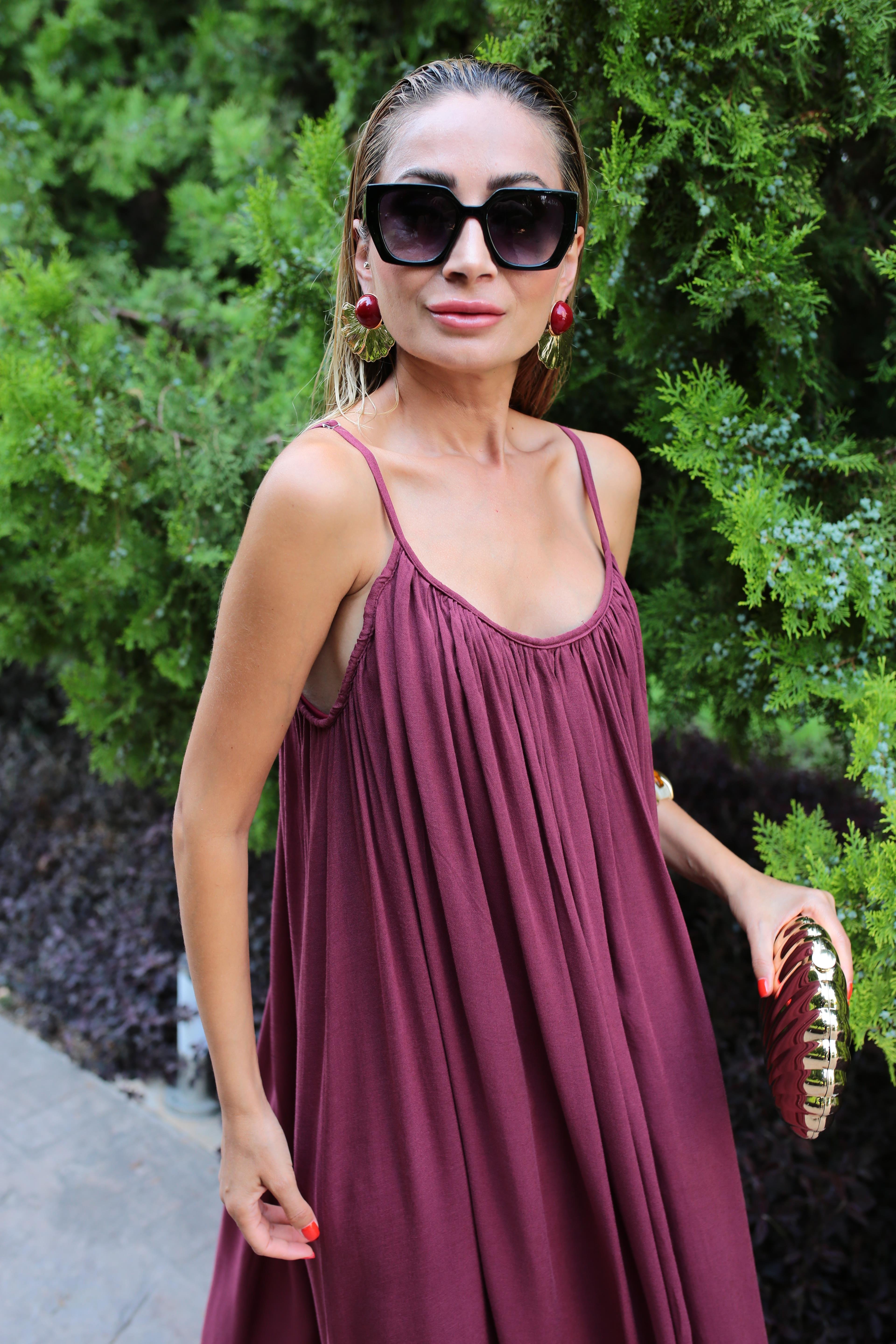 İp Askılı Bordo Keten Uzun Elbise ELBİSE | NO33