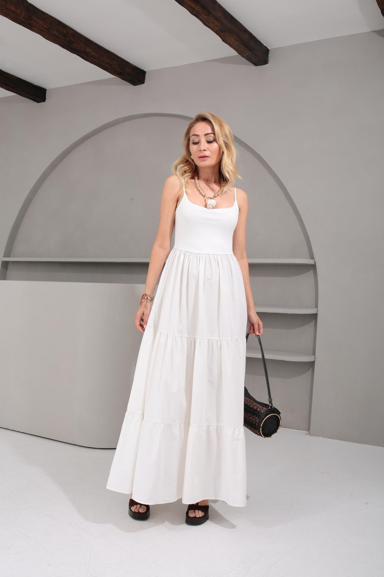 İp Askılı Penye Detay Katlı Ekru Uzun Elbise ELBİSE | NO33