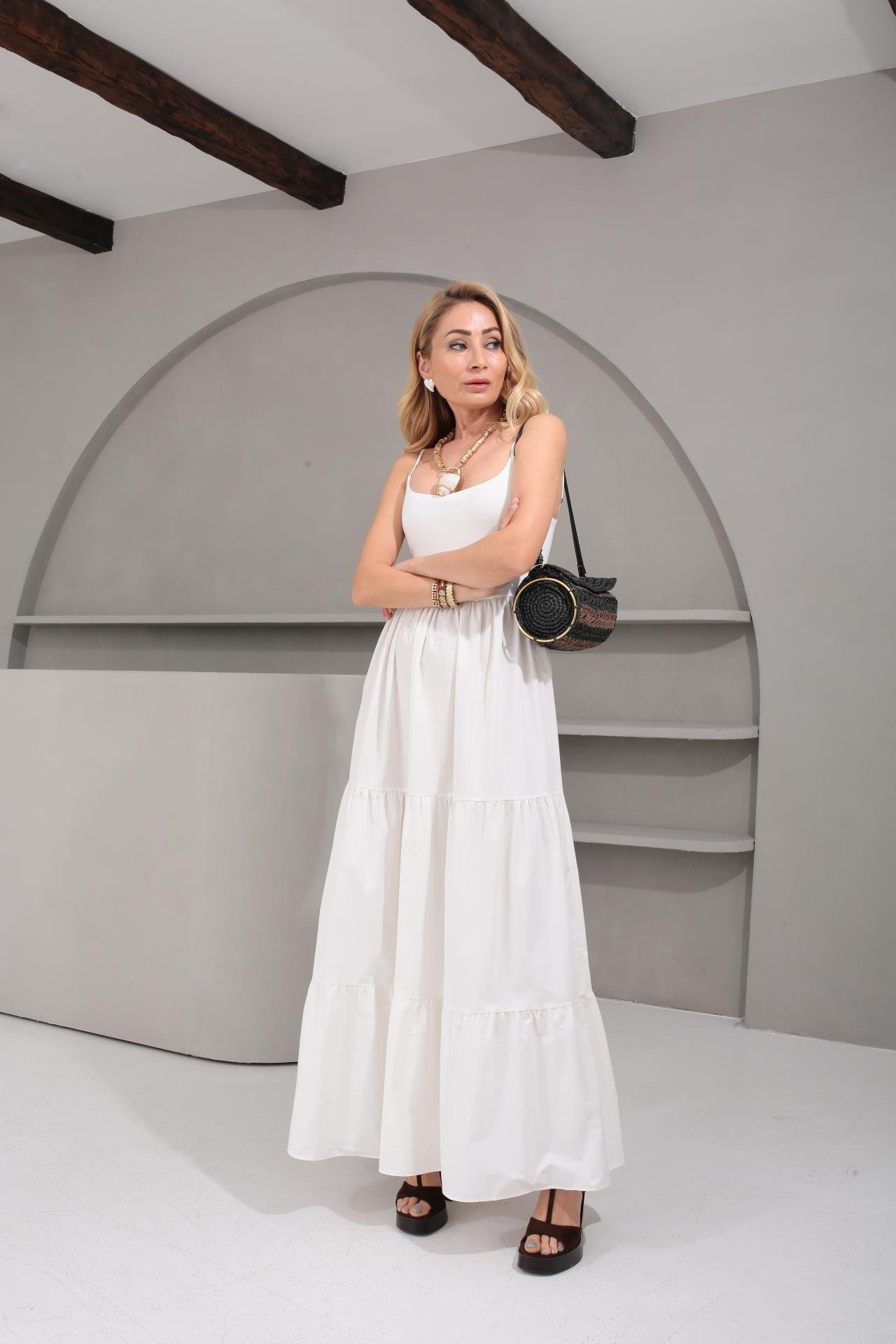 İp Askılı Penye Detay Katlı Ekru Uzun Elbise ELBİSE | NO33