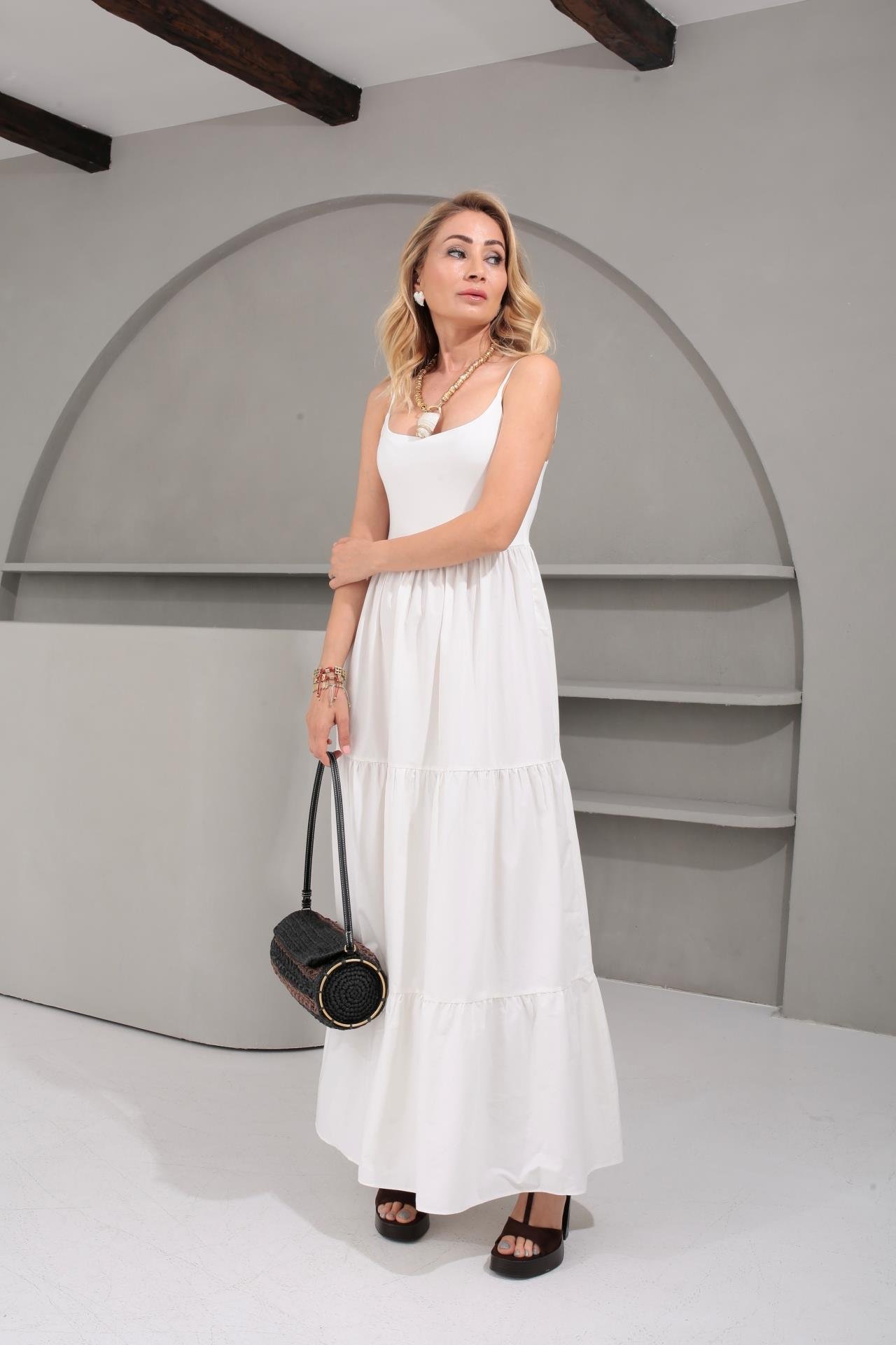 İp Askılı Penye Detay Katlı Ekru Uzun Elbise ELBİSE | NO33