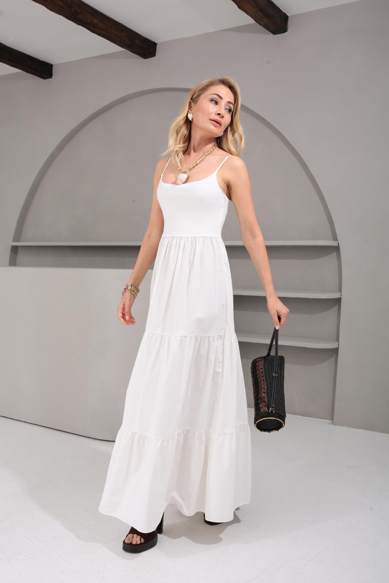 İp Askılı Penye Detay Katlı Ekru Uzun Elbise ELBİSE | NO33