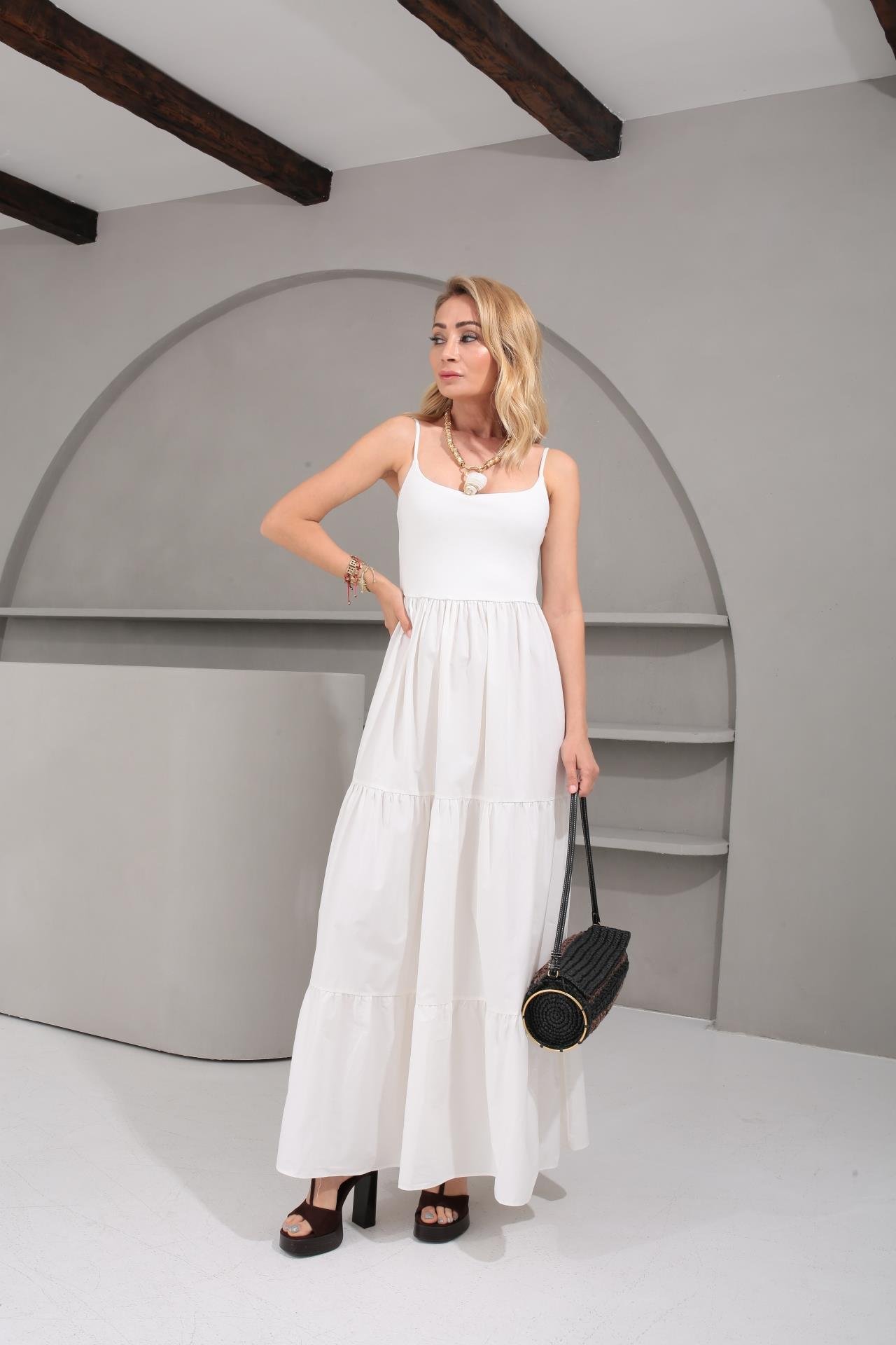 İp Askılı Penye Detay Katlı Ekru Uzun Elbise ELBİSE | NO33