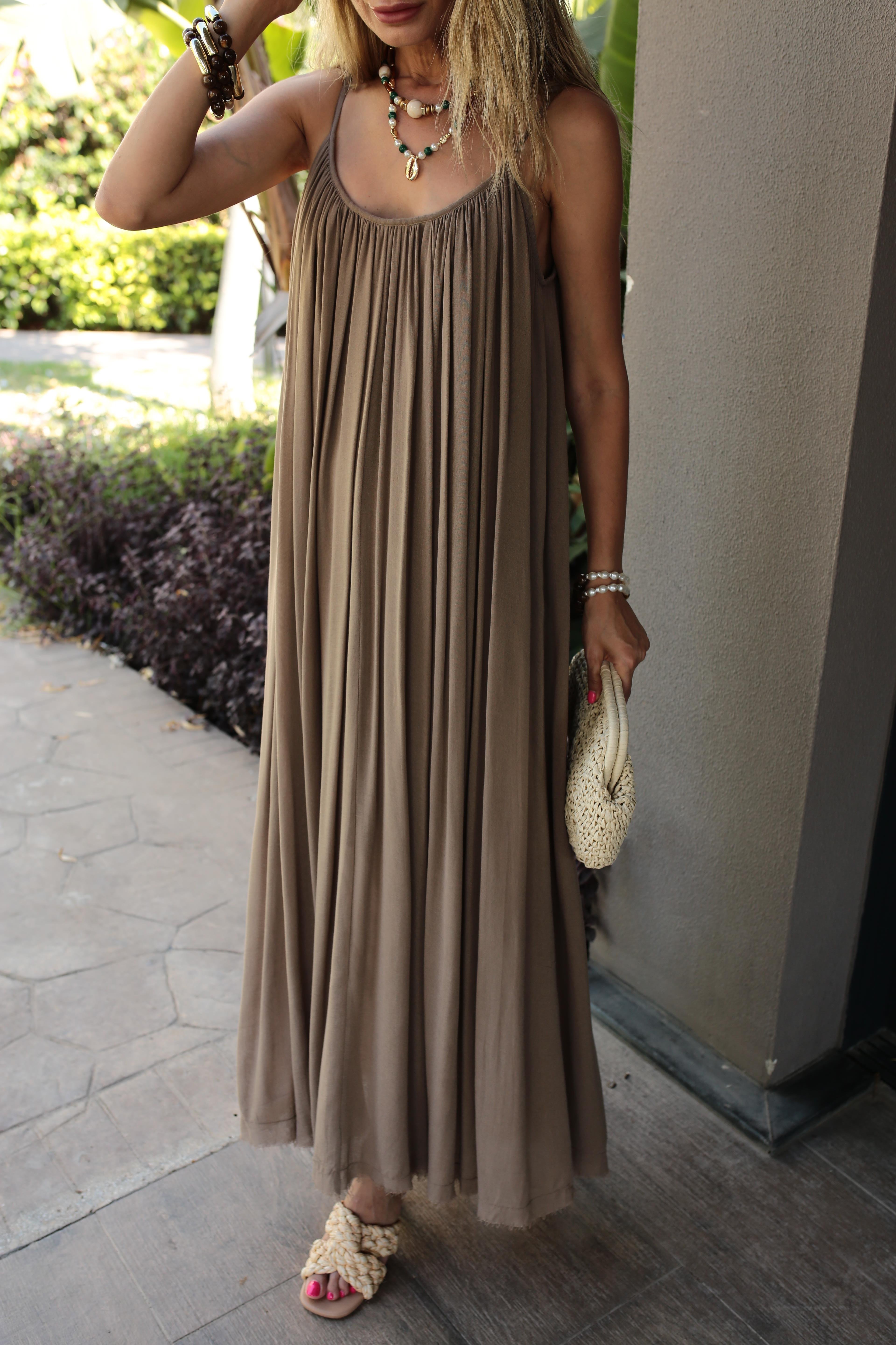 İp Askılı Vizon Keten Uzun Elbise ELBİSE | NO33