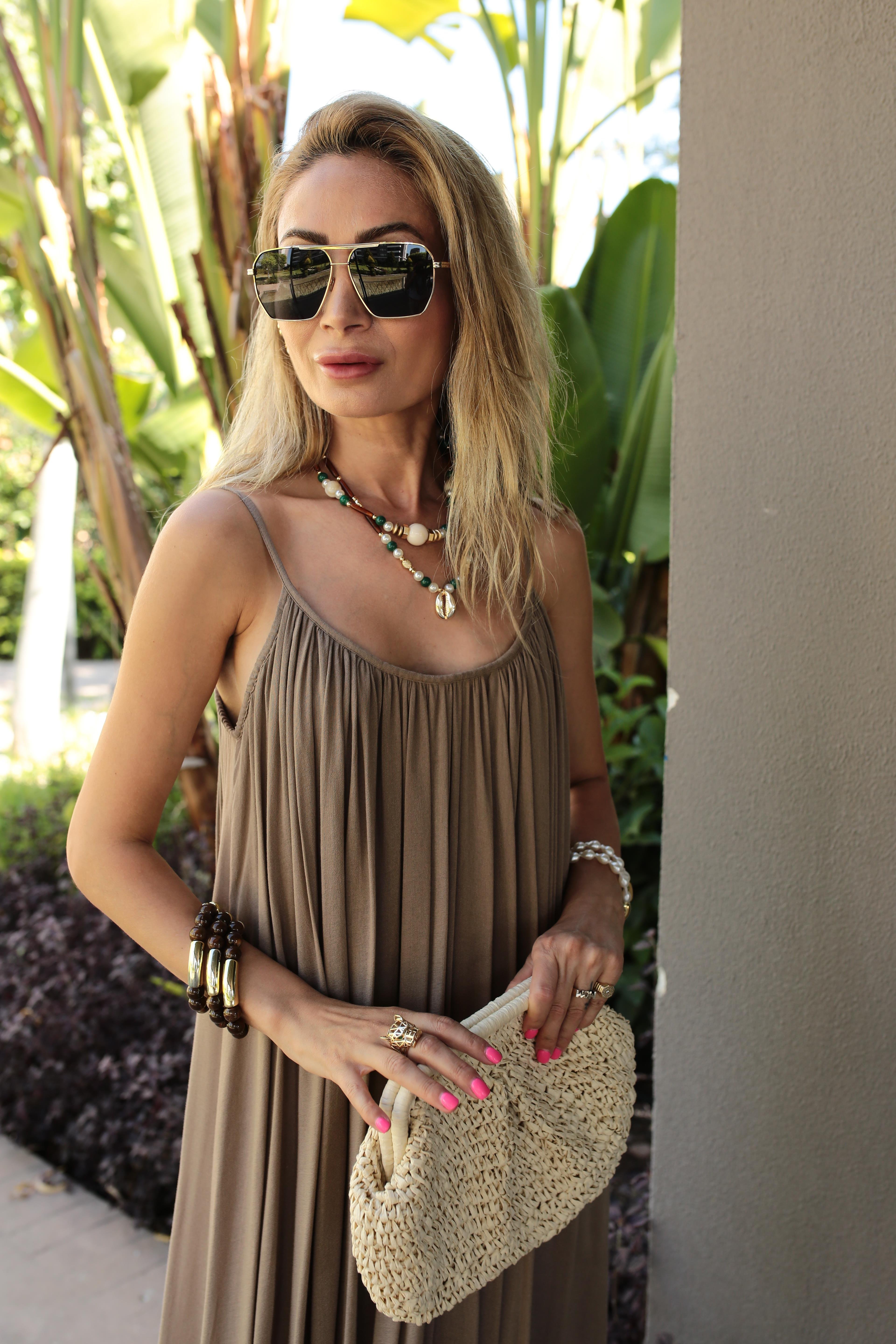 İp Askılı Vizon Keten Uzun Elbise ELBİSE | NO33