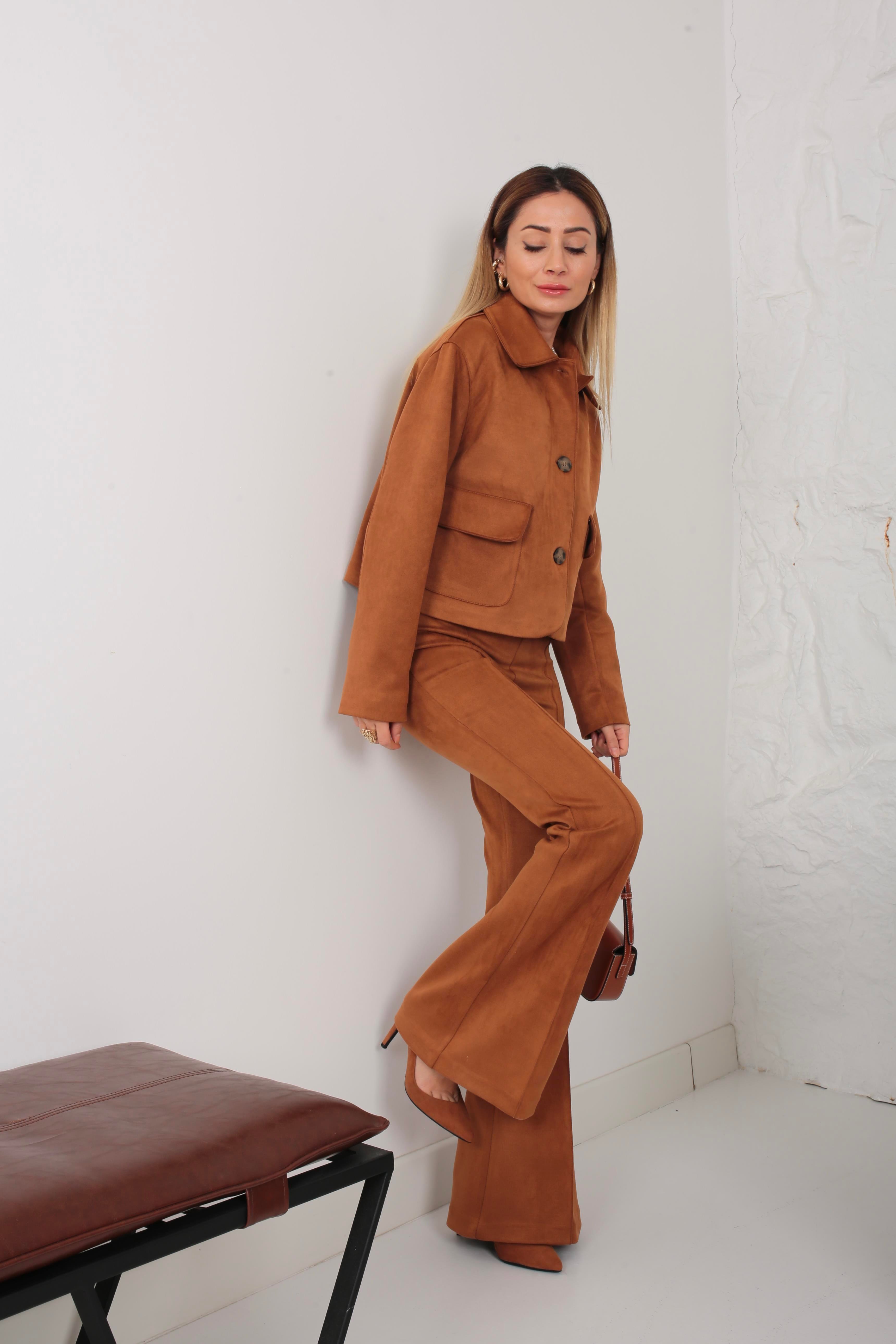 İspanyol Paça Crop Ceketli Nubuk Takım TAKIM