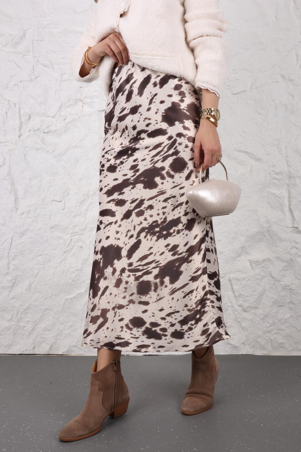 Kahve Batik Desen Saten Etek ETEK