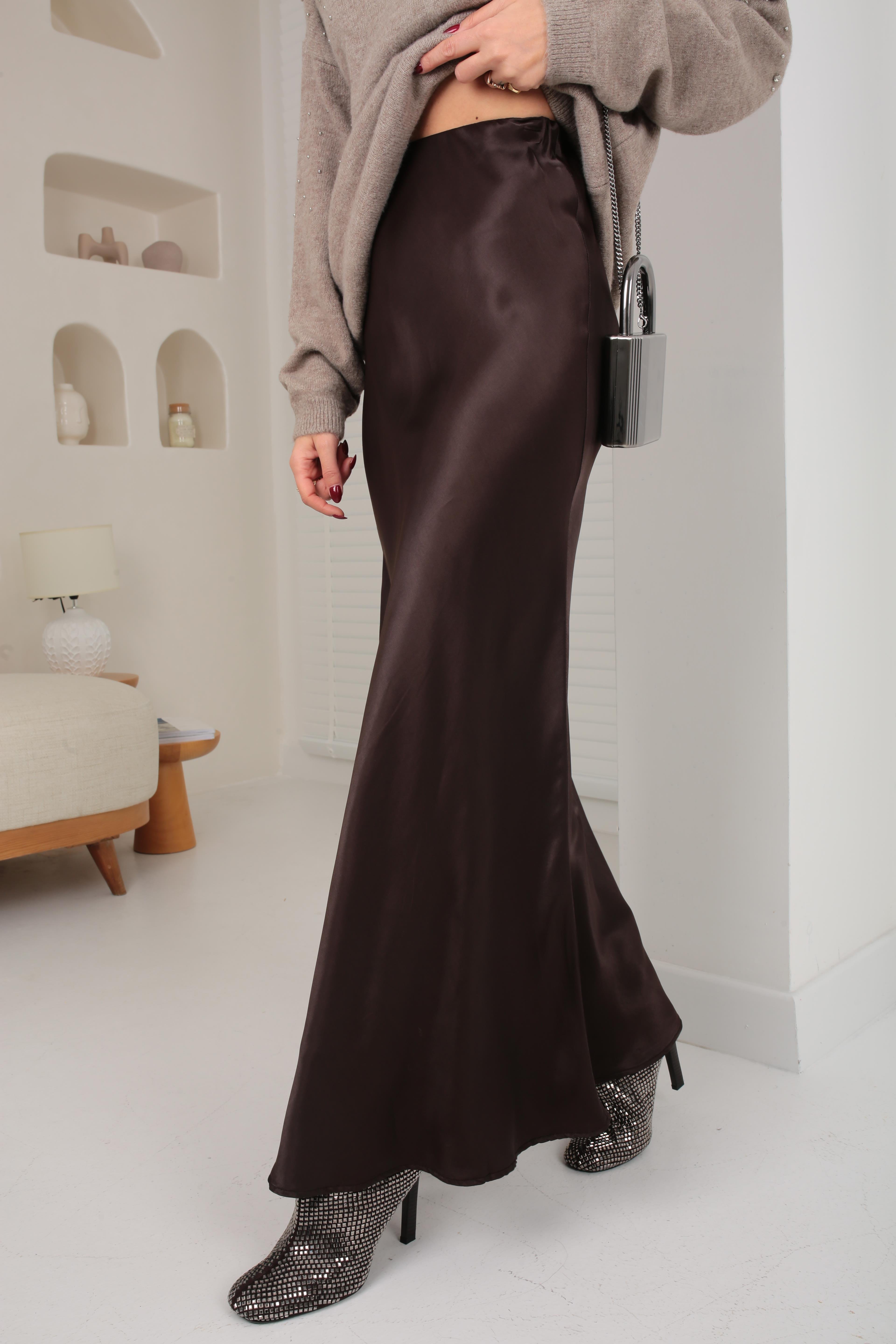 Kahve Beli Lastikli Maxi Saten Etek ETEK