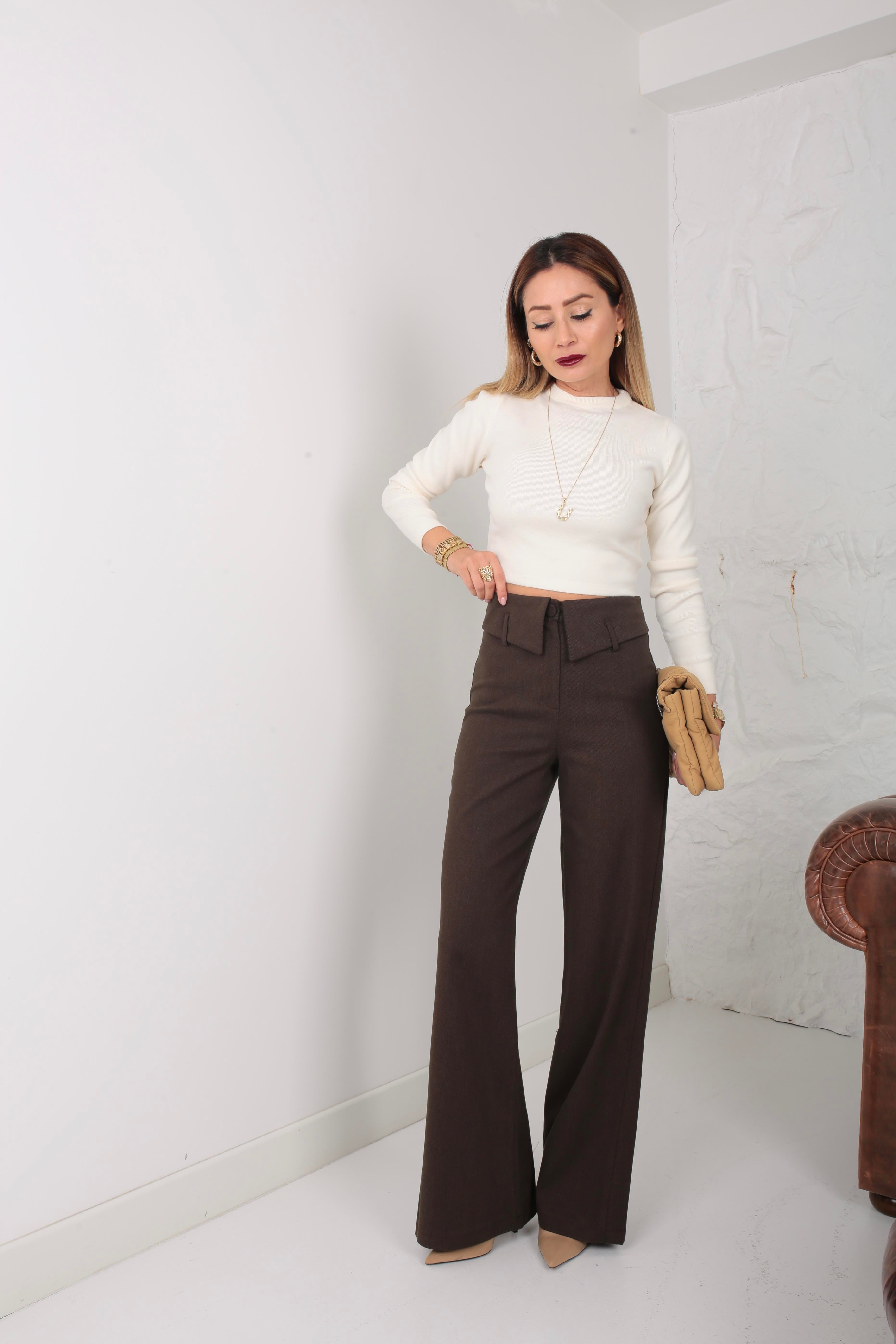 Kahve Çift Kemer Kumaş Pantolon PANTOLON