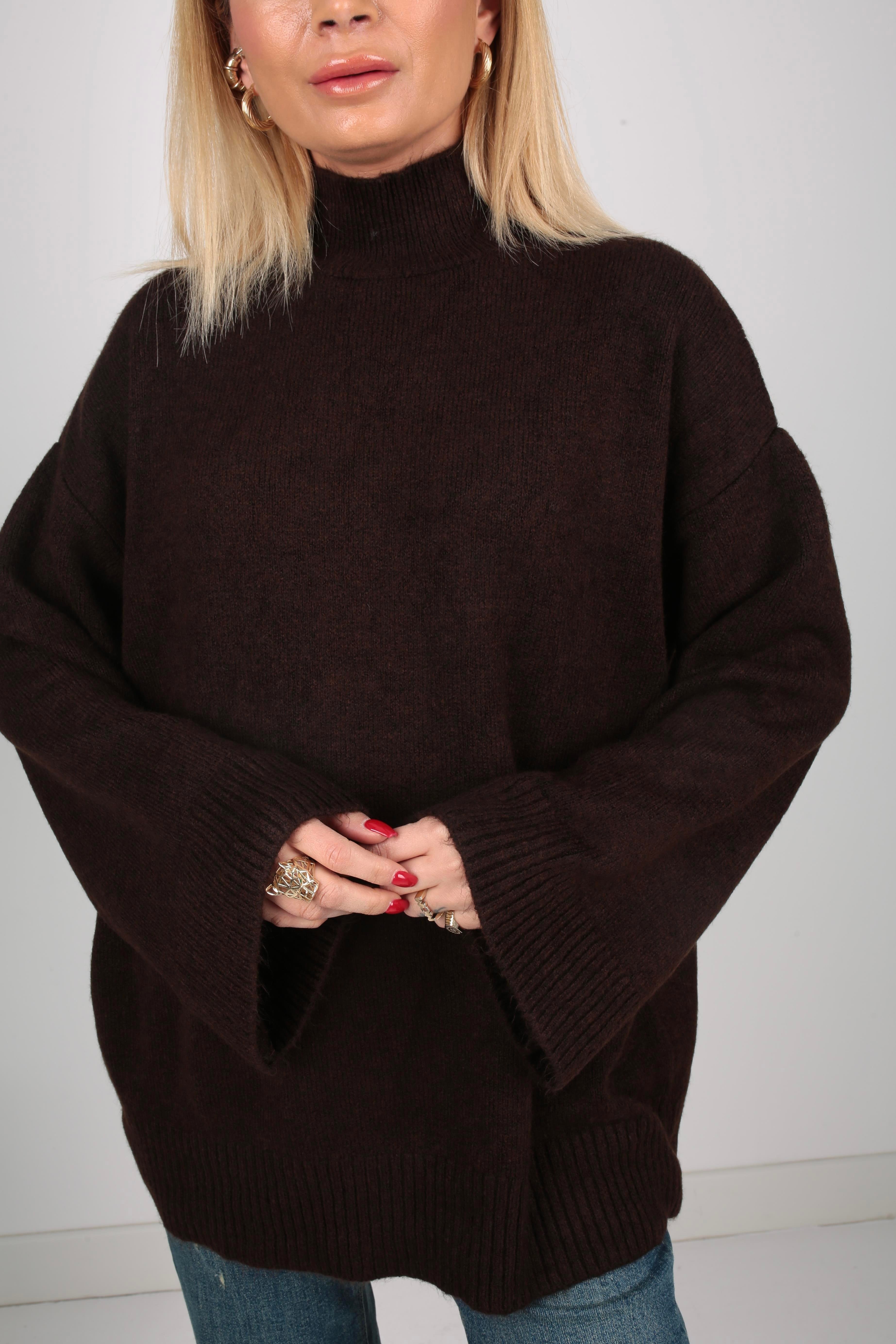 Kahve Dik Yaka Oversize Kazak TRİKO VE KAZAK