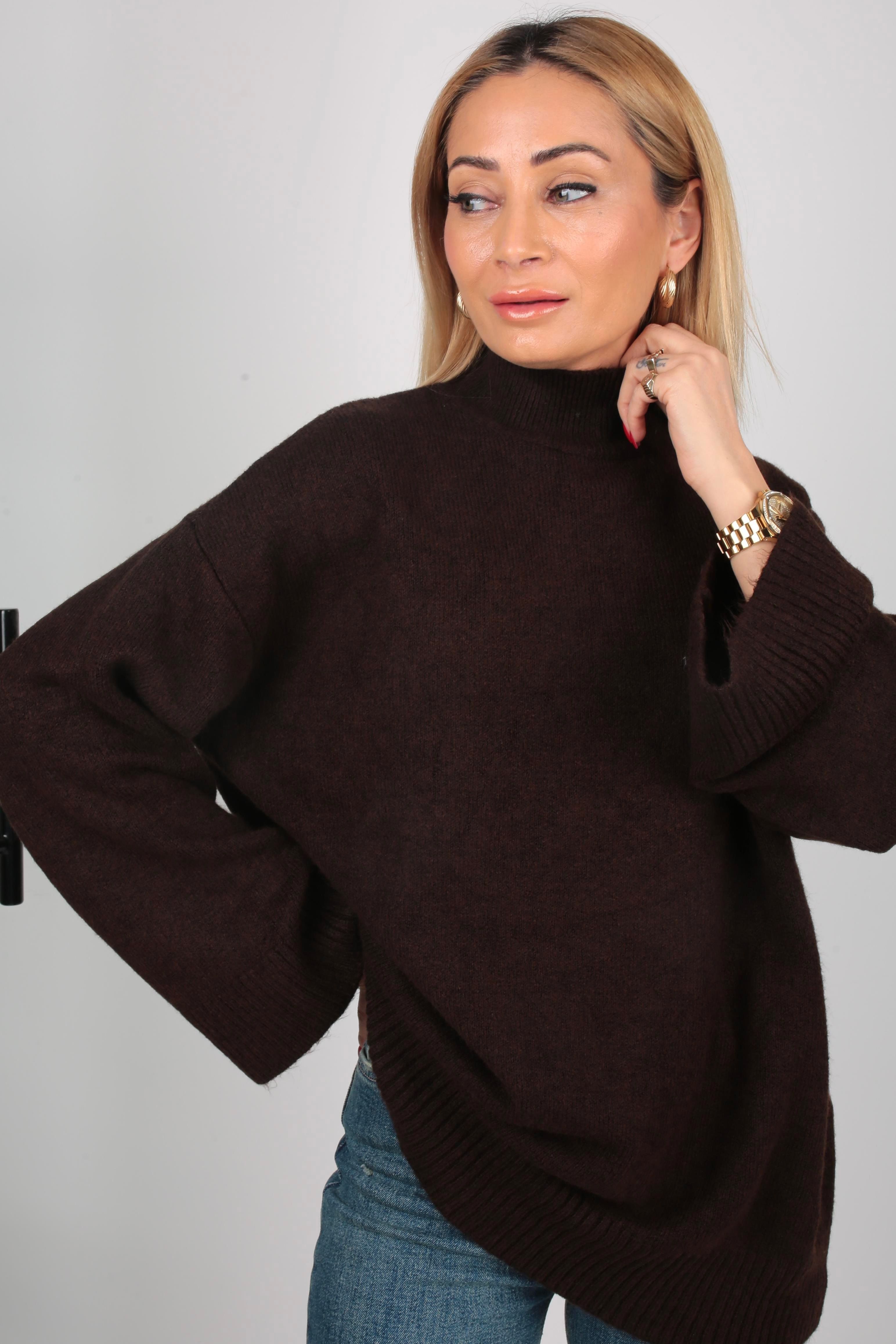 Kahve Dik Yaka Oversize Kazak TRİKO VE KAZAK