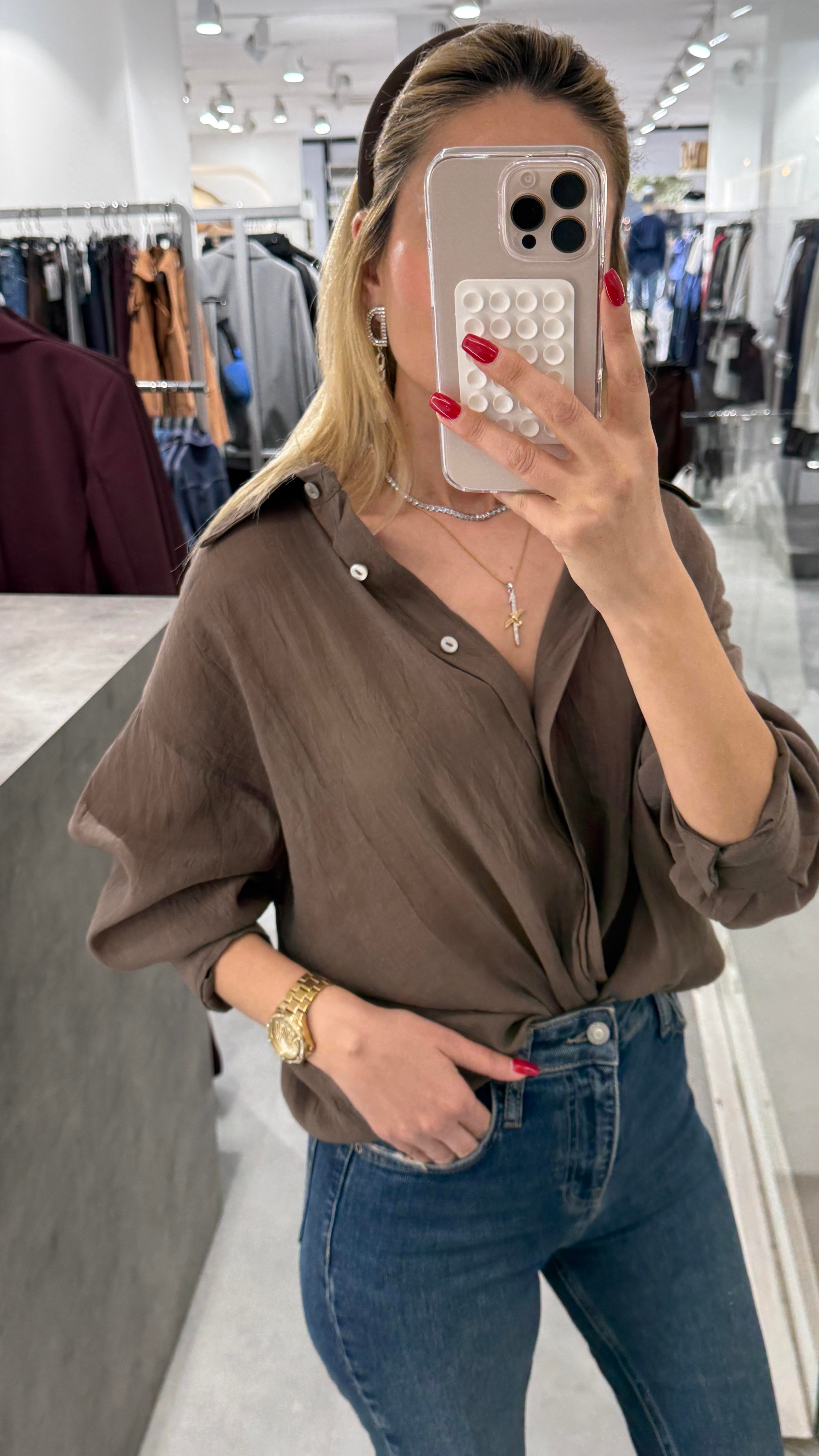 Kahve Kırışık Oversize Gömlek GÖMLEK