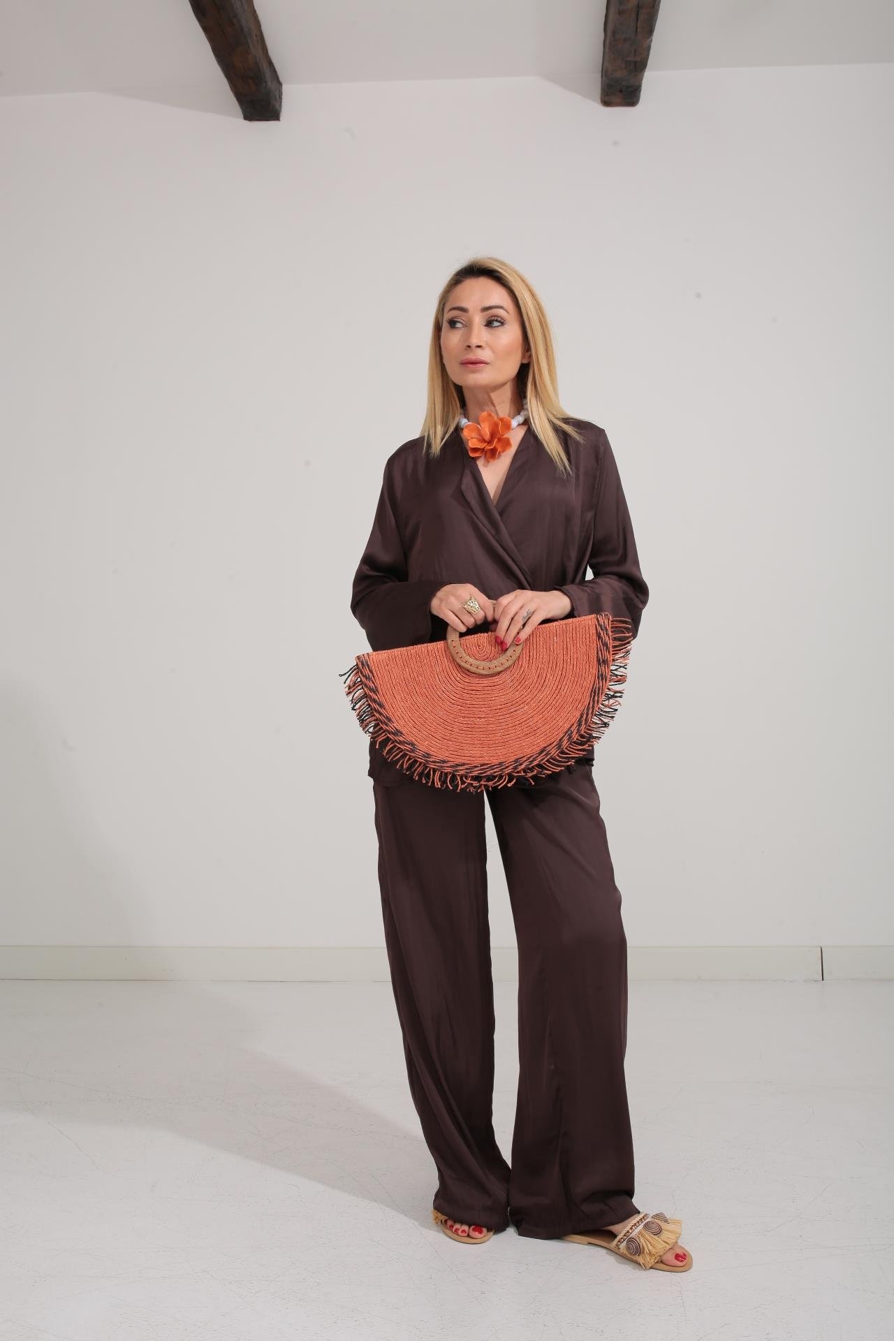 Kahve Kraşlı Kruvaze Bağlama Saten Takım TAKIM | NO33