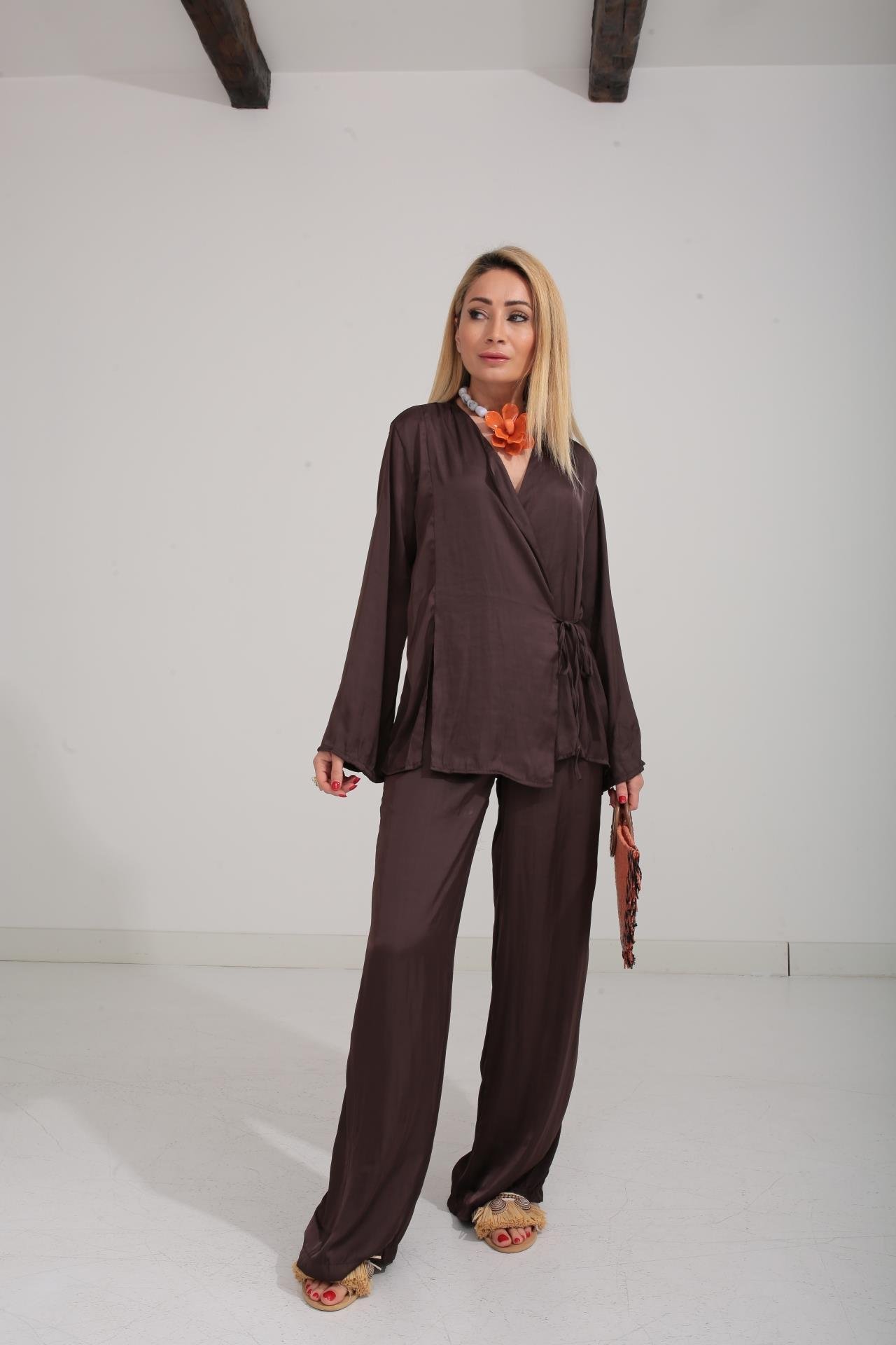 Kahve Kraşlı Kruvaze Bağlama Saten Takım TAKIM | NO33