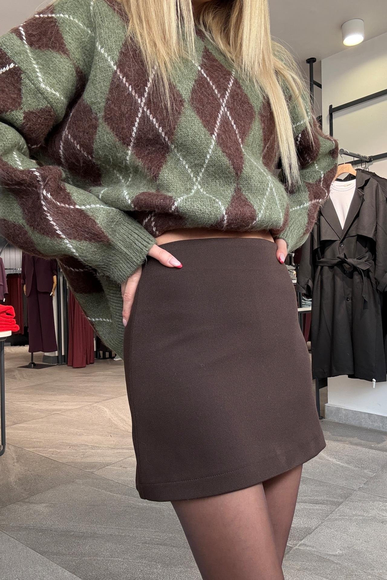 Kahve Kumaş Mini Etek ETEK