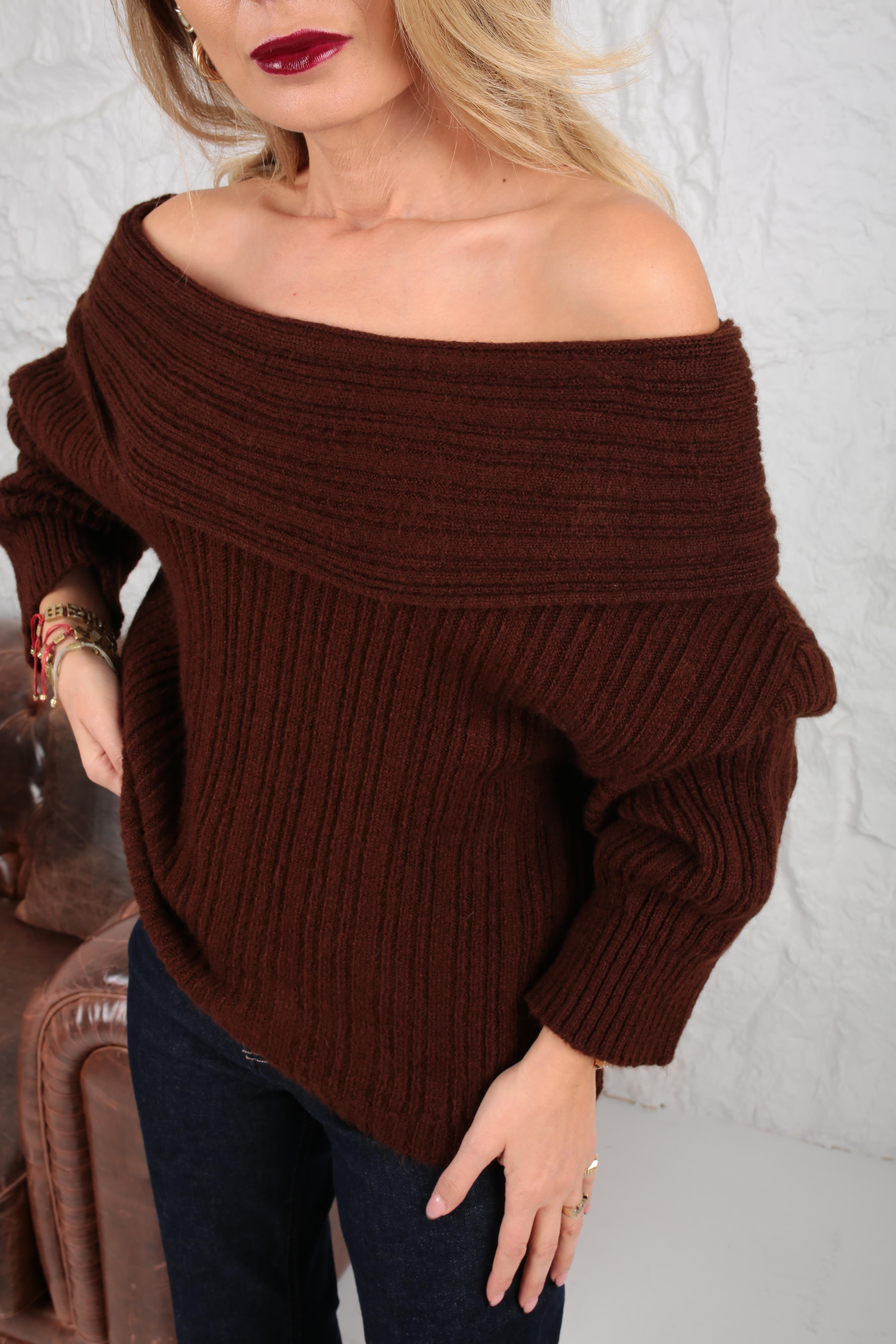 Kahve Madonna Yaka Triko Kazak TRİKO VE KAZAK