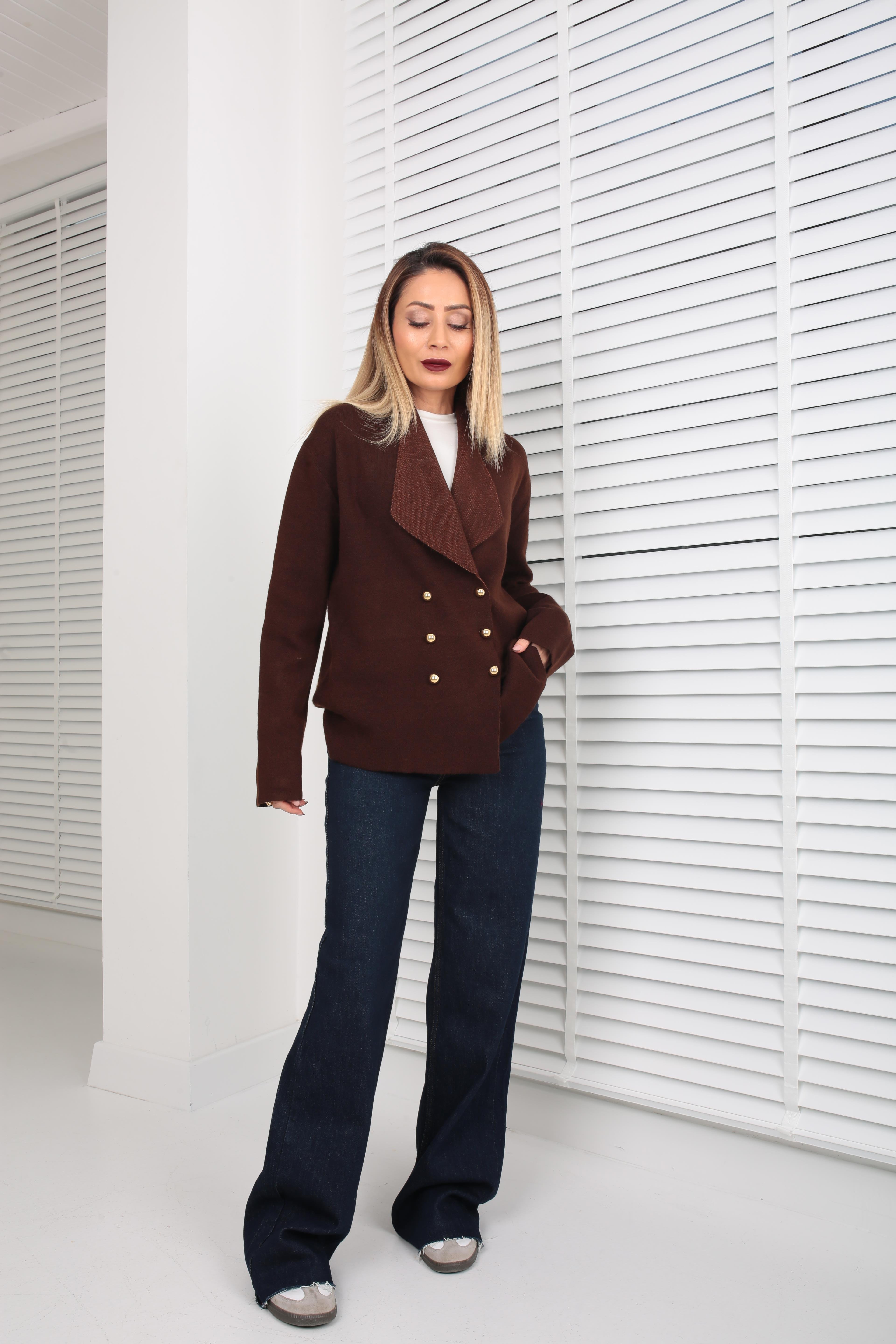 Kahve Şal Yaka Gold Düğmeli Hırka HIRKA