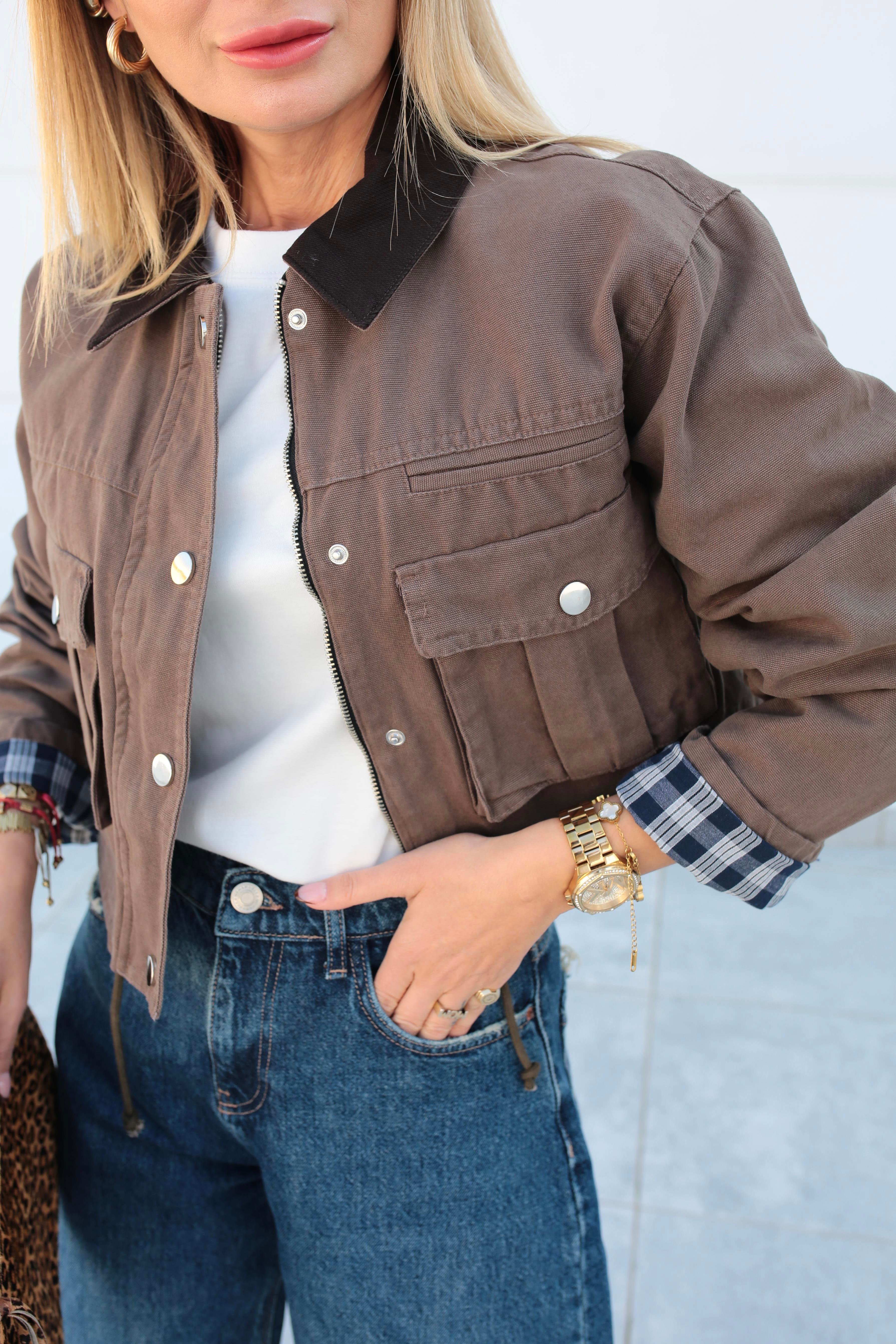 Kahve Torba Cepli Crop Ceket CEKET