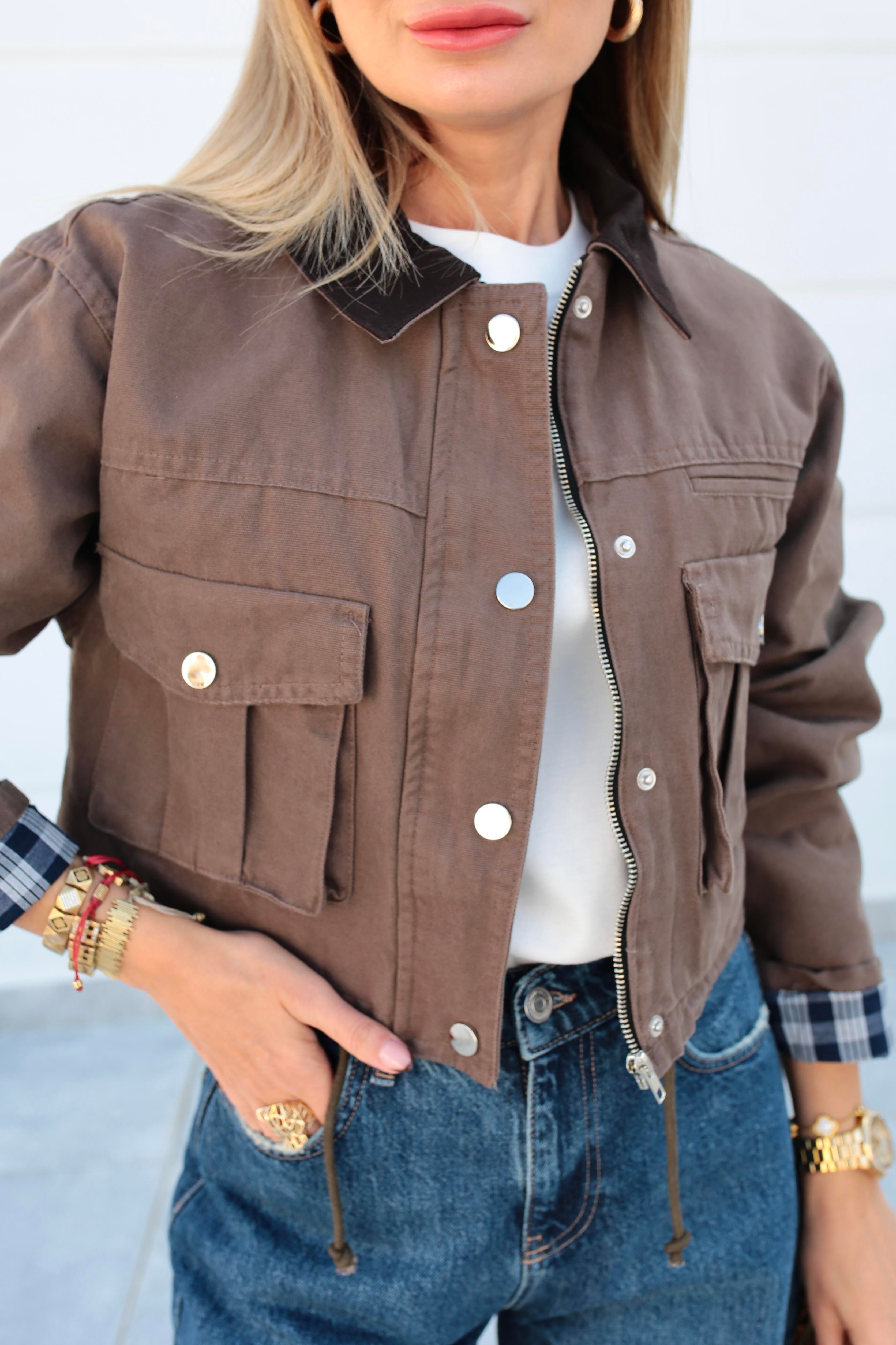 Kahve Torba Cepli Crop Ceket CEKET