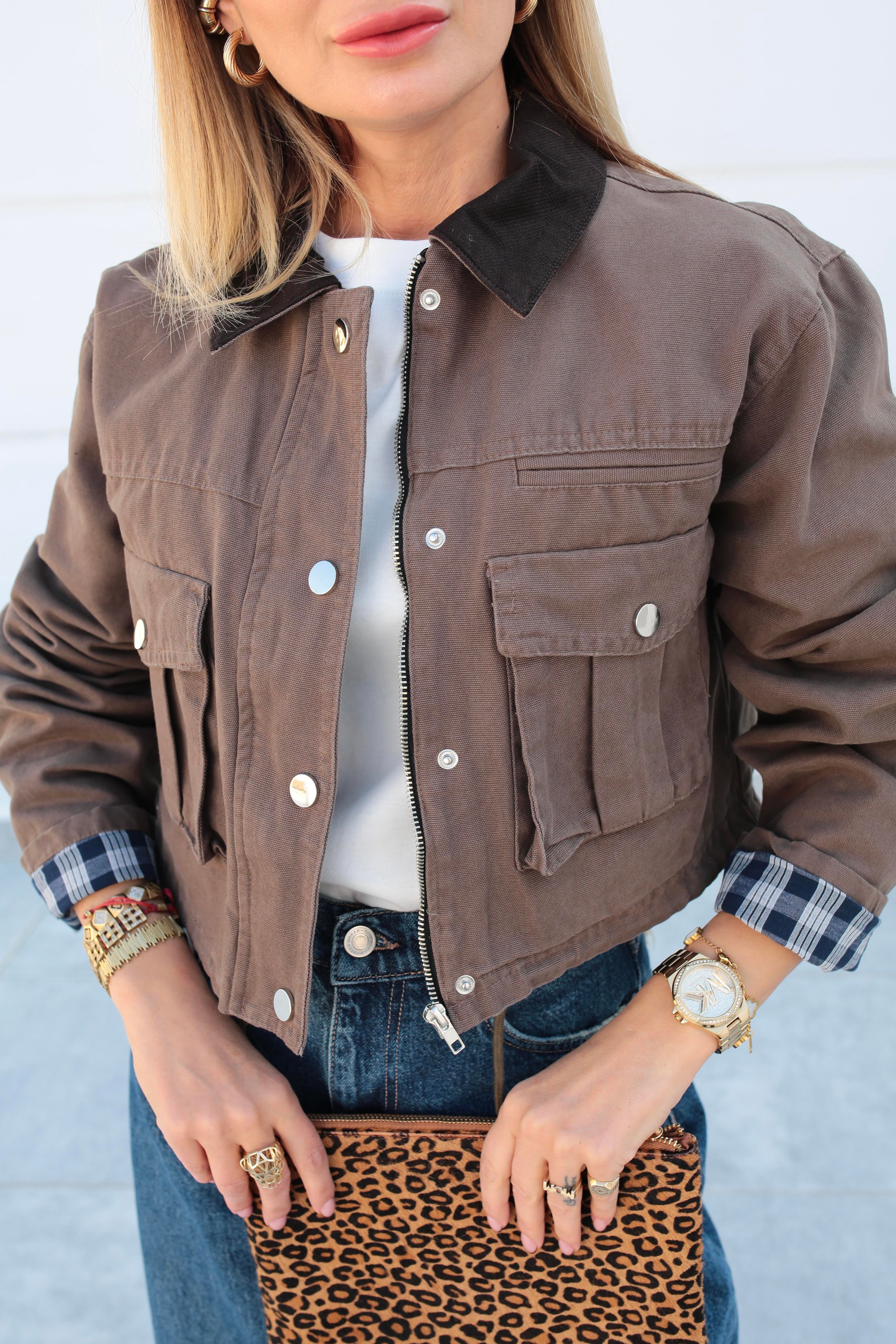 Kahve Torba Cepli Crop Ceket CEKET