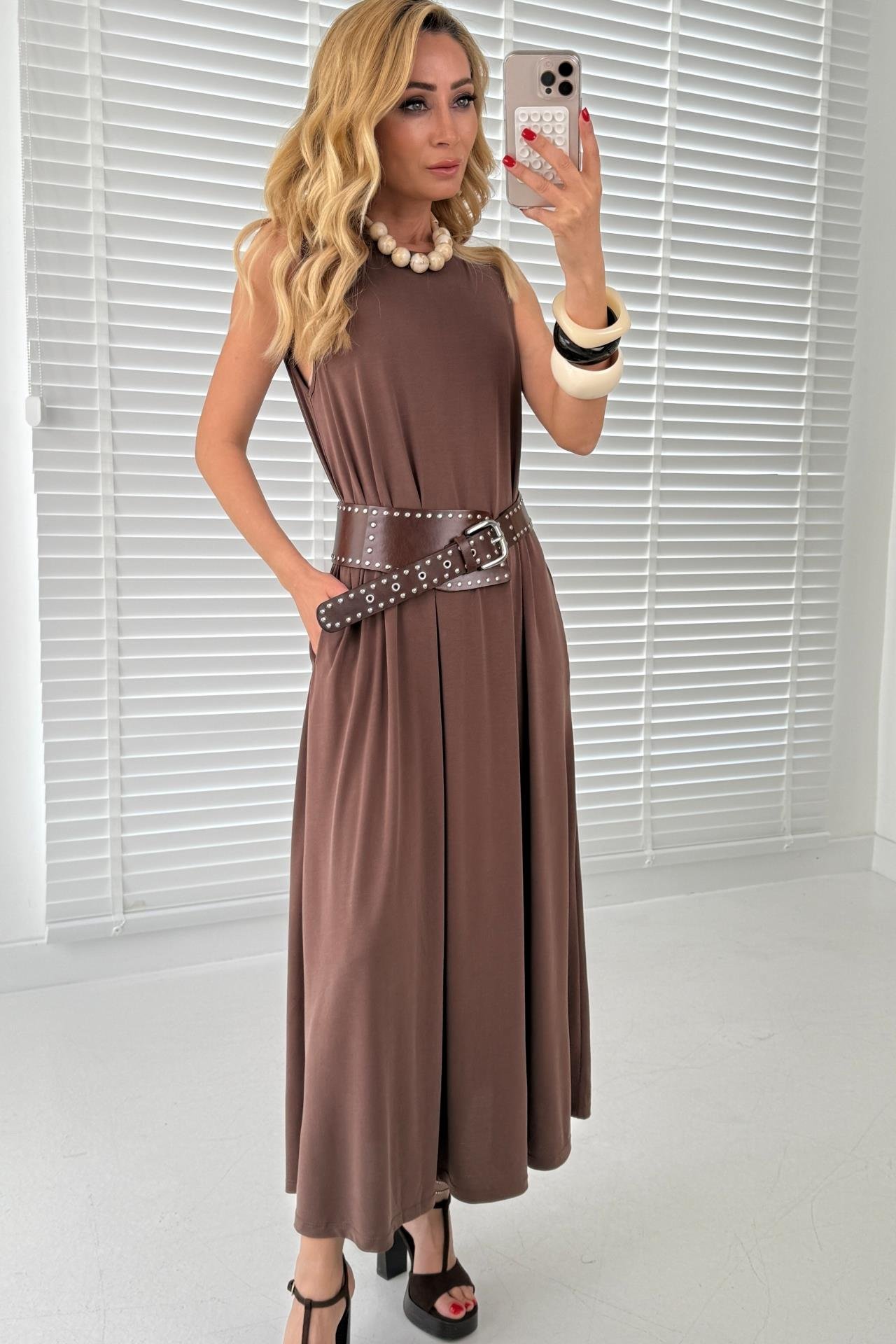 Kalın Askı Cepli Kahve Örme Kloş Elbise ELBİSE | NO33