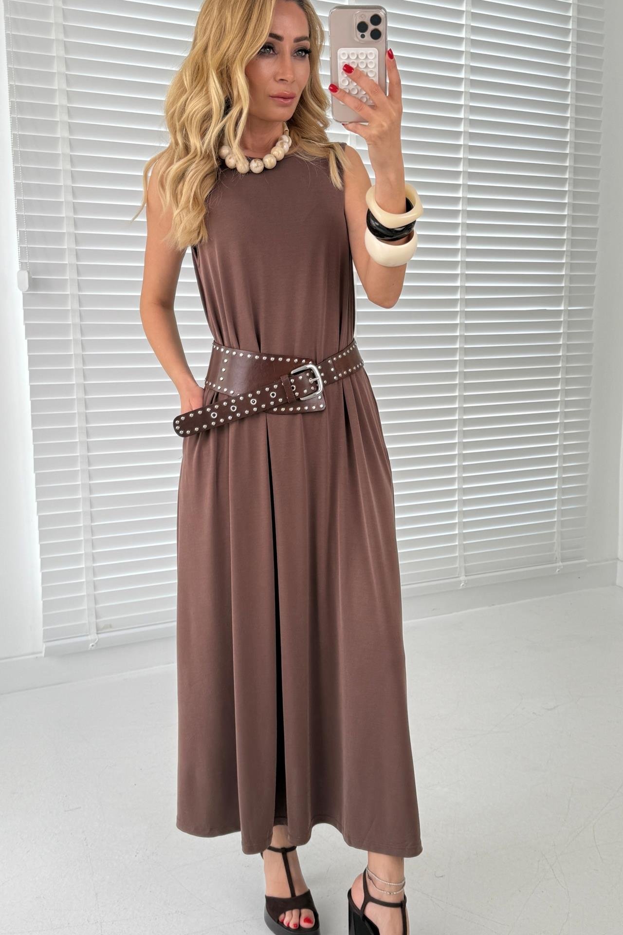 Kalın Askı Cepli Kahve Örme Kloş Elbise ELBİSE | NO33